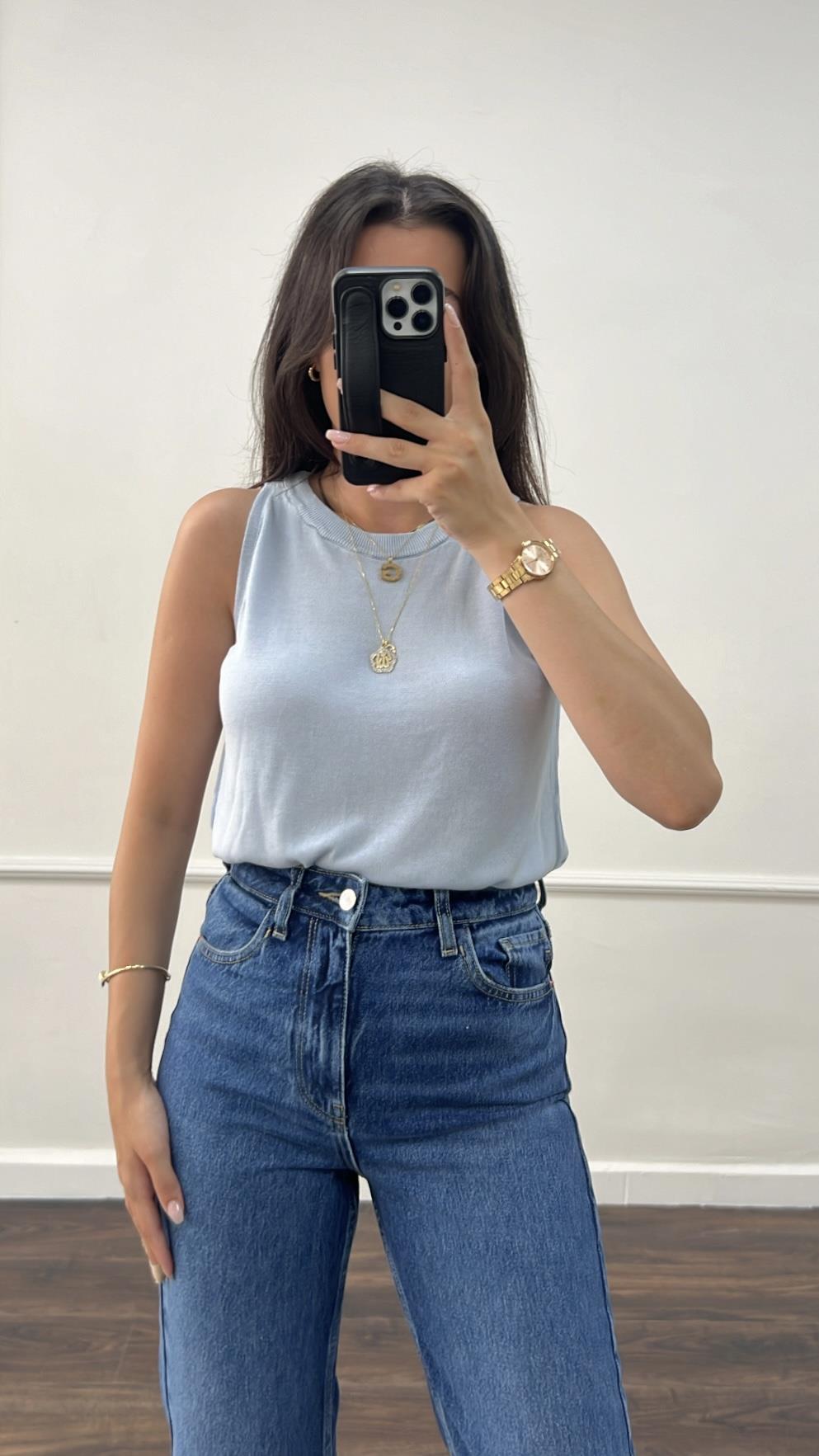 Mavi Örme %100 Viskon Halter Yaka Triko Bluz