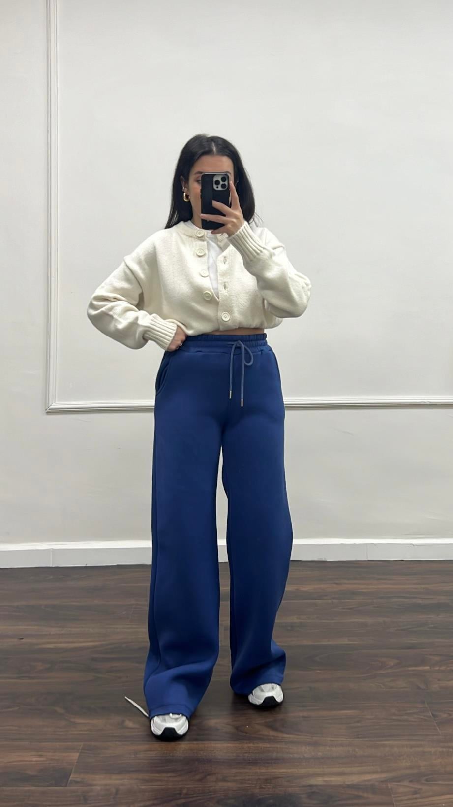 Mavi Pamuklu Şardonlu Palazzo Eşofman Altı