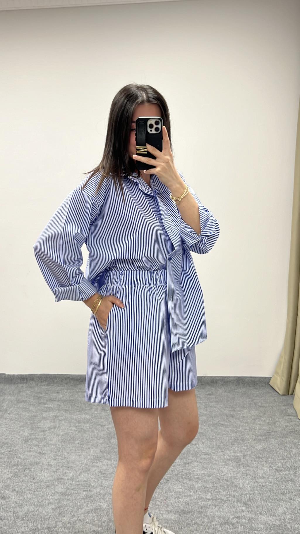 Mavi Pijama Tipi Gömlek Şort Takım