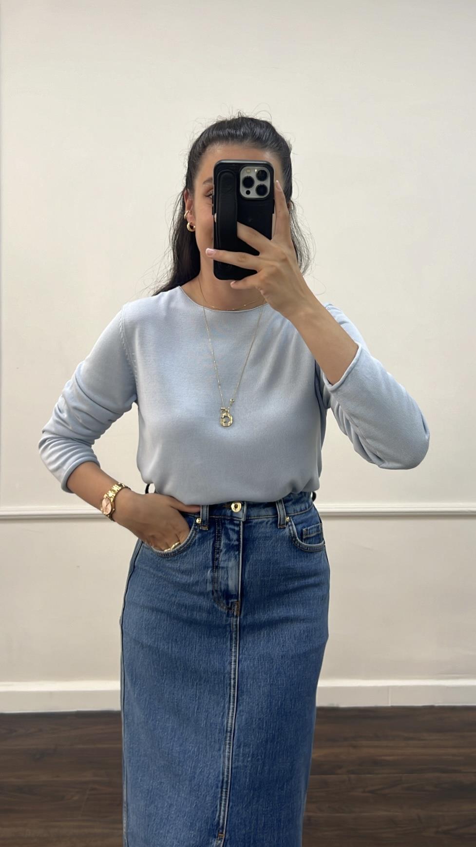 Mavi Uzun Kollu İnce Triko Bluz