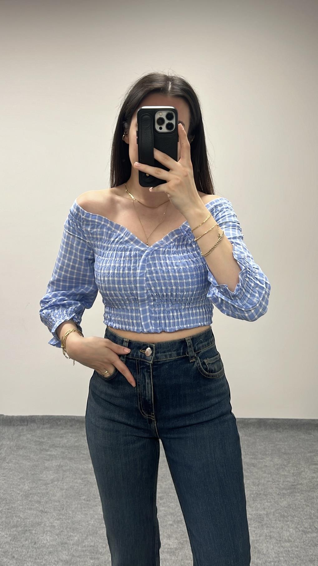 Mavi/Beyaz Lastikli Madonna Bluz