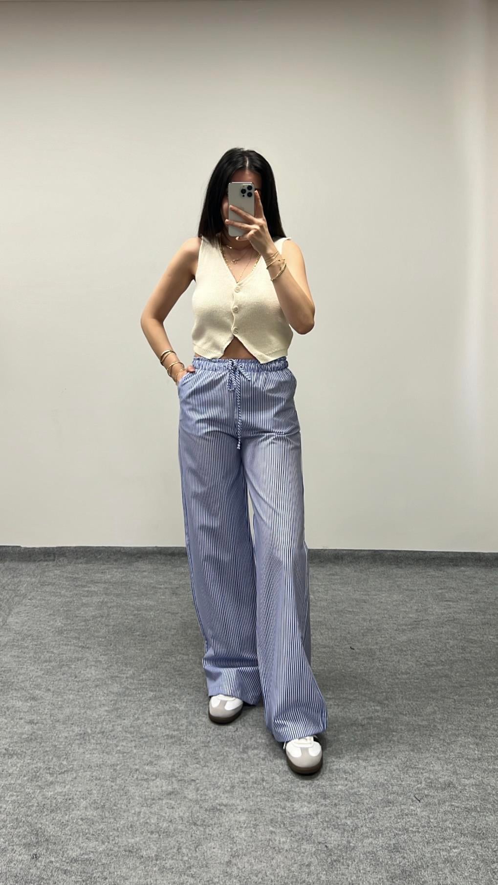 Mavi/Beyaz Pijama Tipi Pantolon