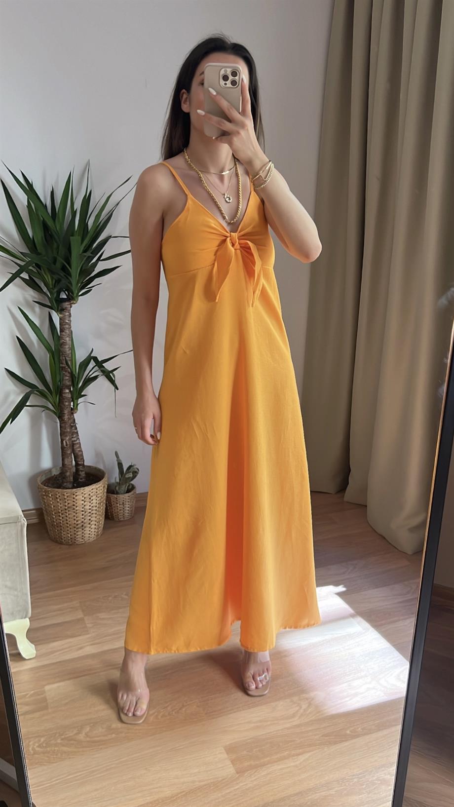 MD TURUNCU İP ASKILI MİXİ ELBİSE