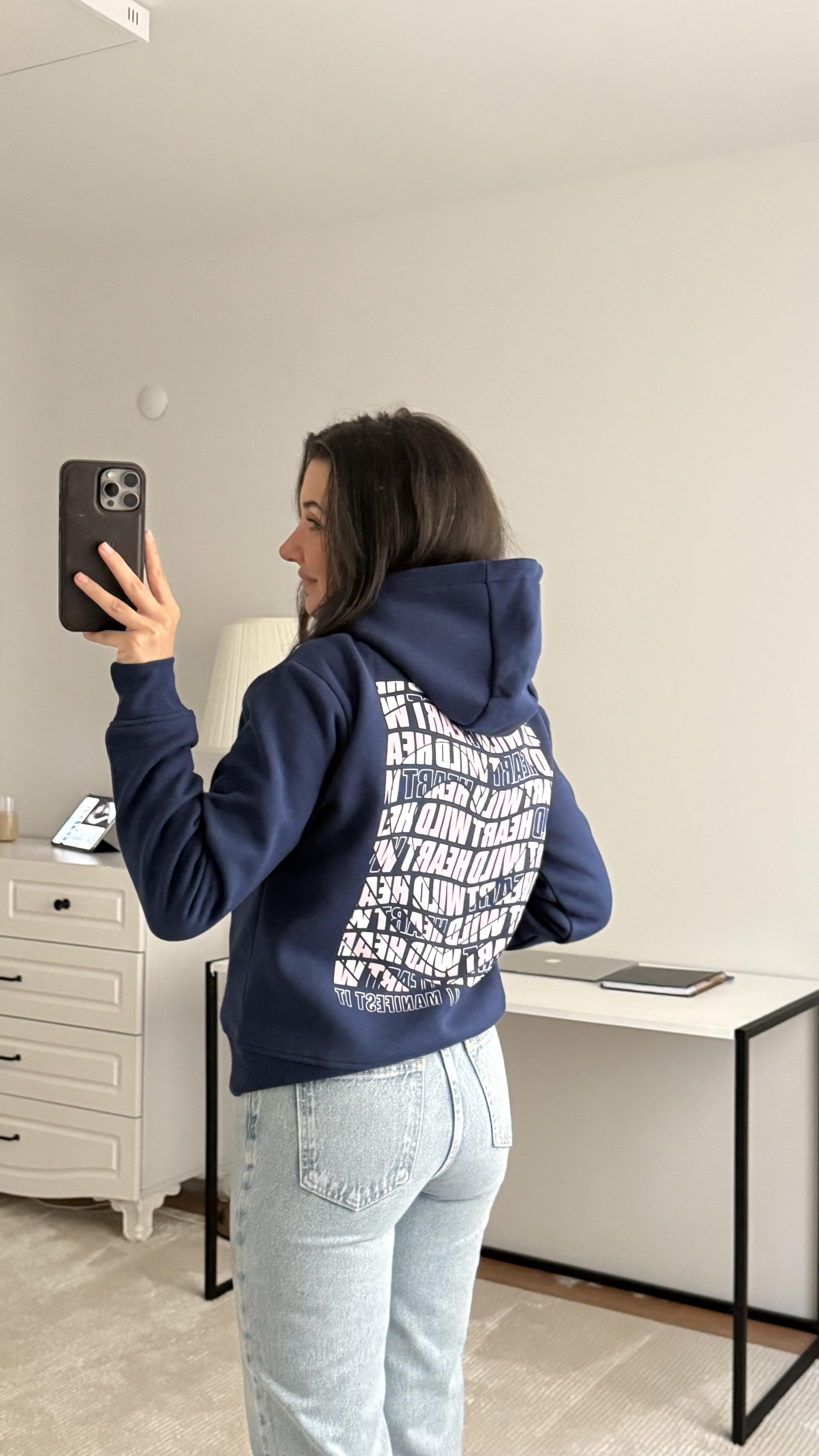 Mel Lacivert Kalp Baskılı Kapüşonlu Sweatshirt