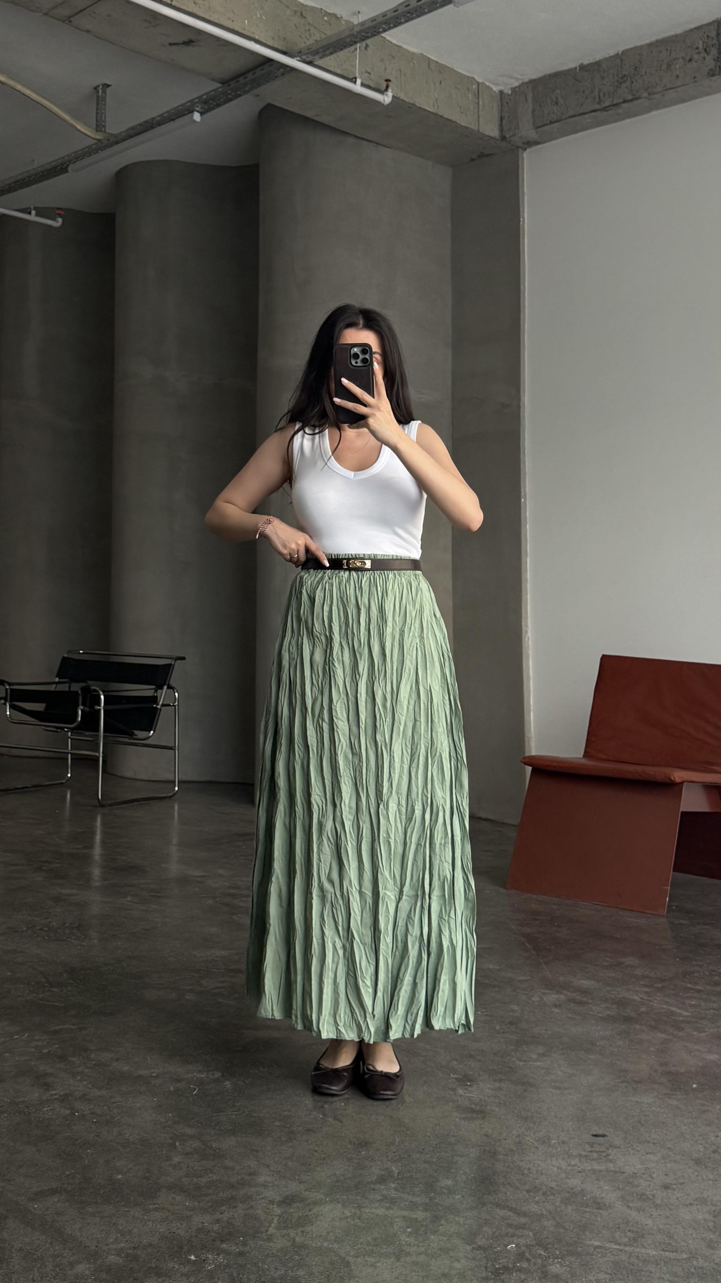 Mint Yeşili Crush Kırışık Efektli Midi Etek