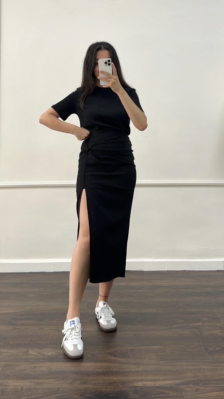 Miv Siyah Yırtmaçlı Midi Etek