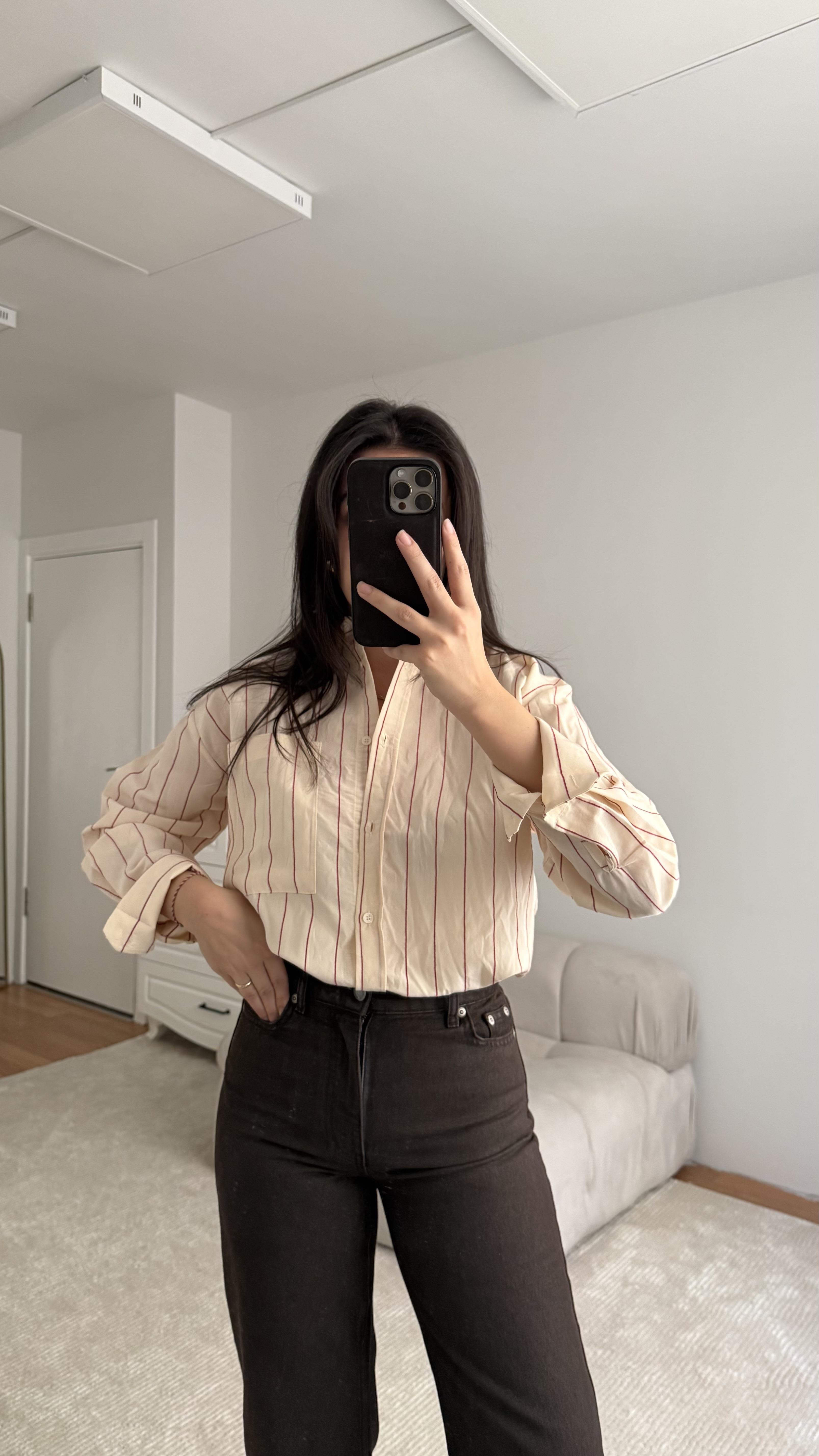 MNG  Krem Bordo Çizgili Gömlek