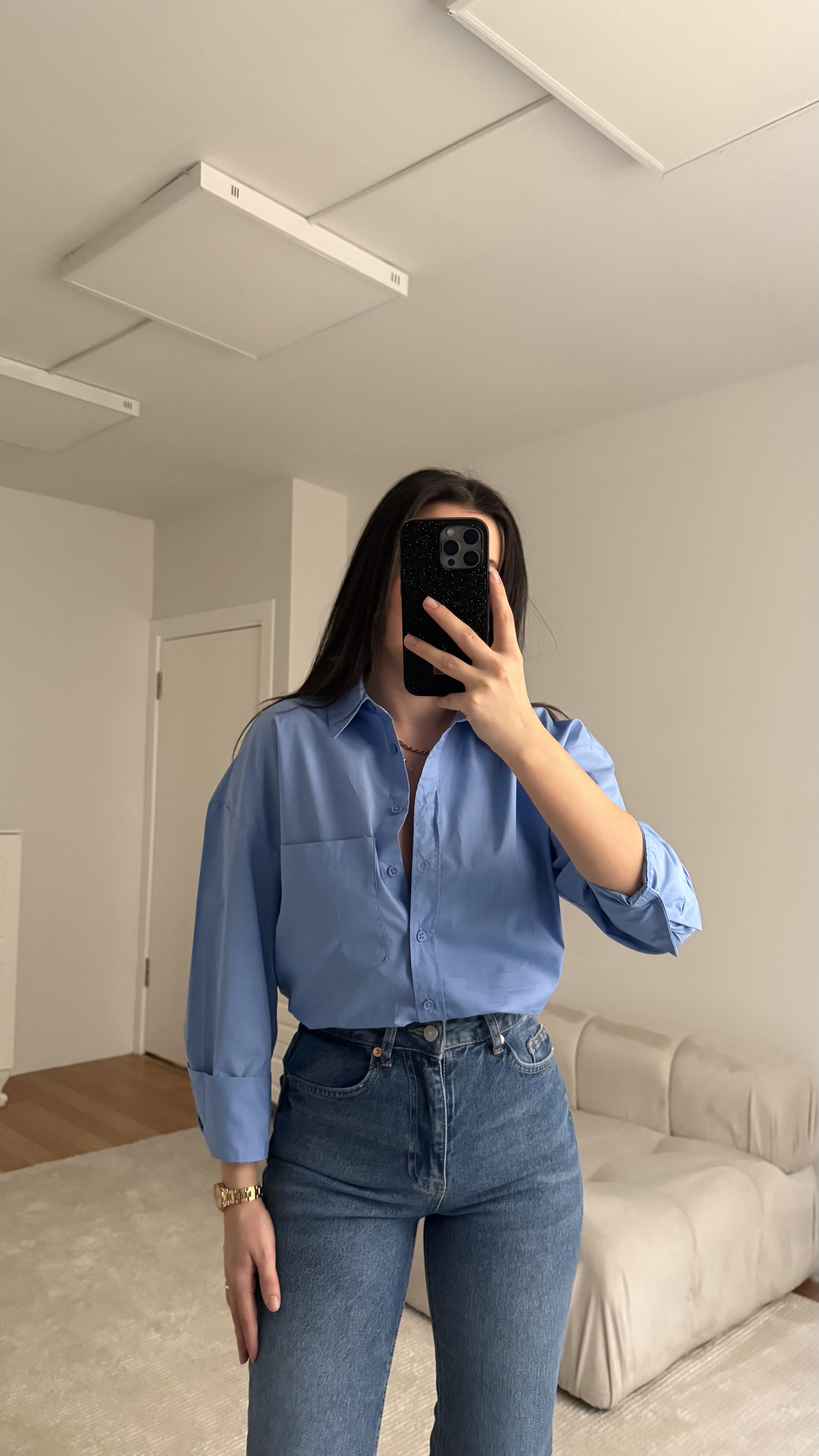 MNG Mavi Cep Detaylı Poplin Gömlek