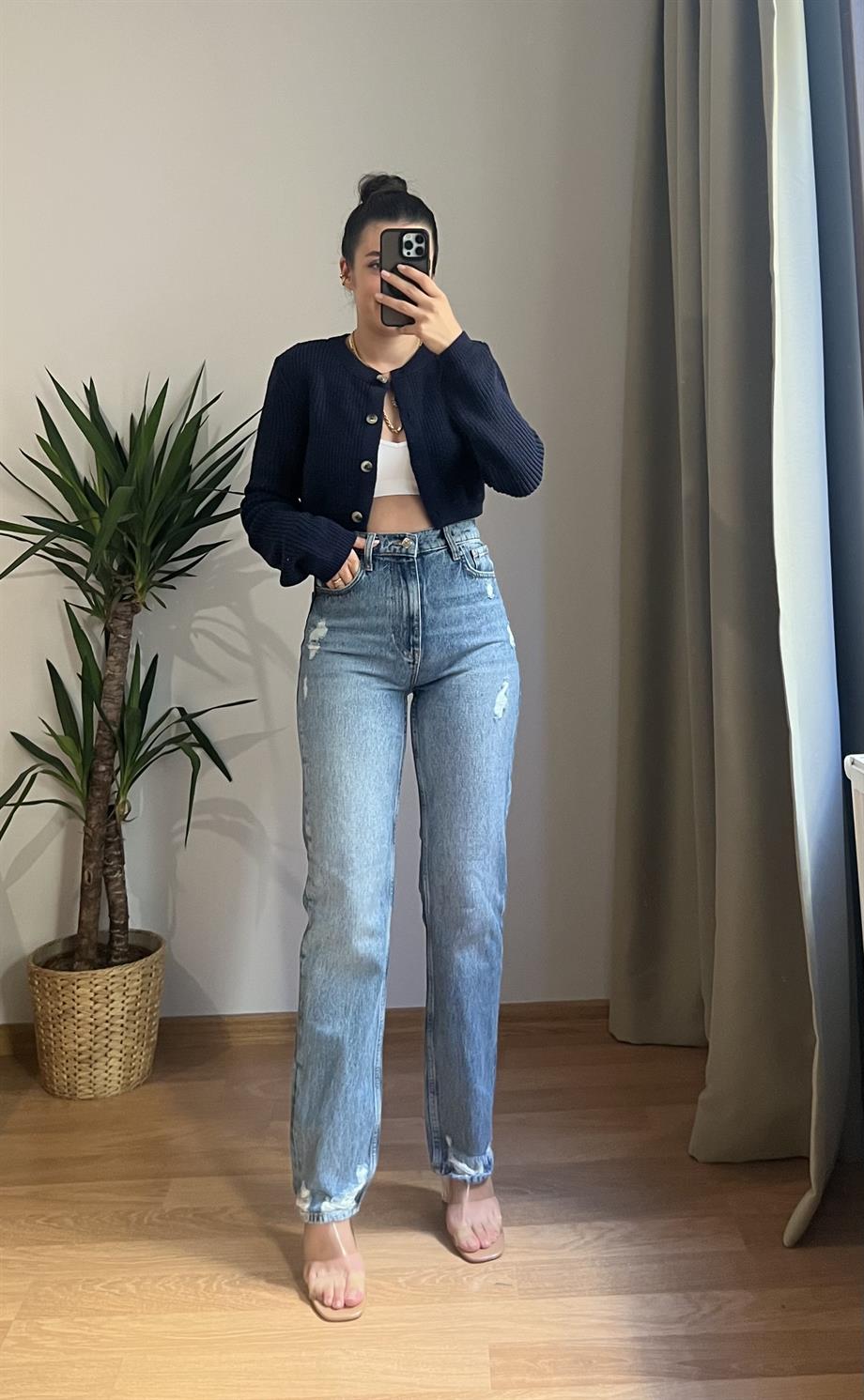 MNG MAVİ YIRTIK DETAY STRAIGHT JEAN