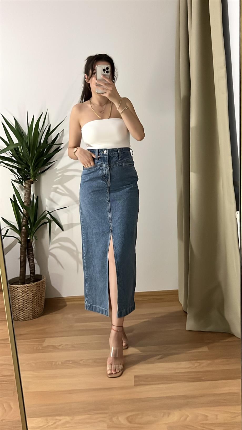 MNG MAVİ YIRTMAÇLI DENİM ETEK