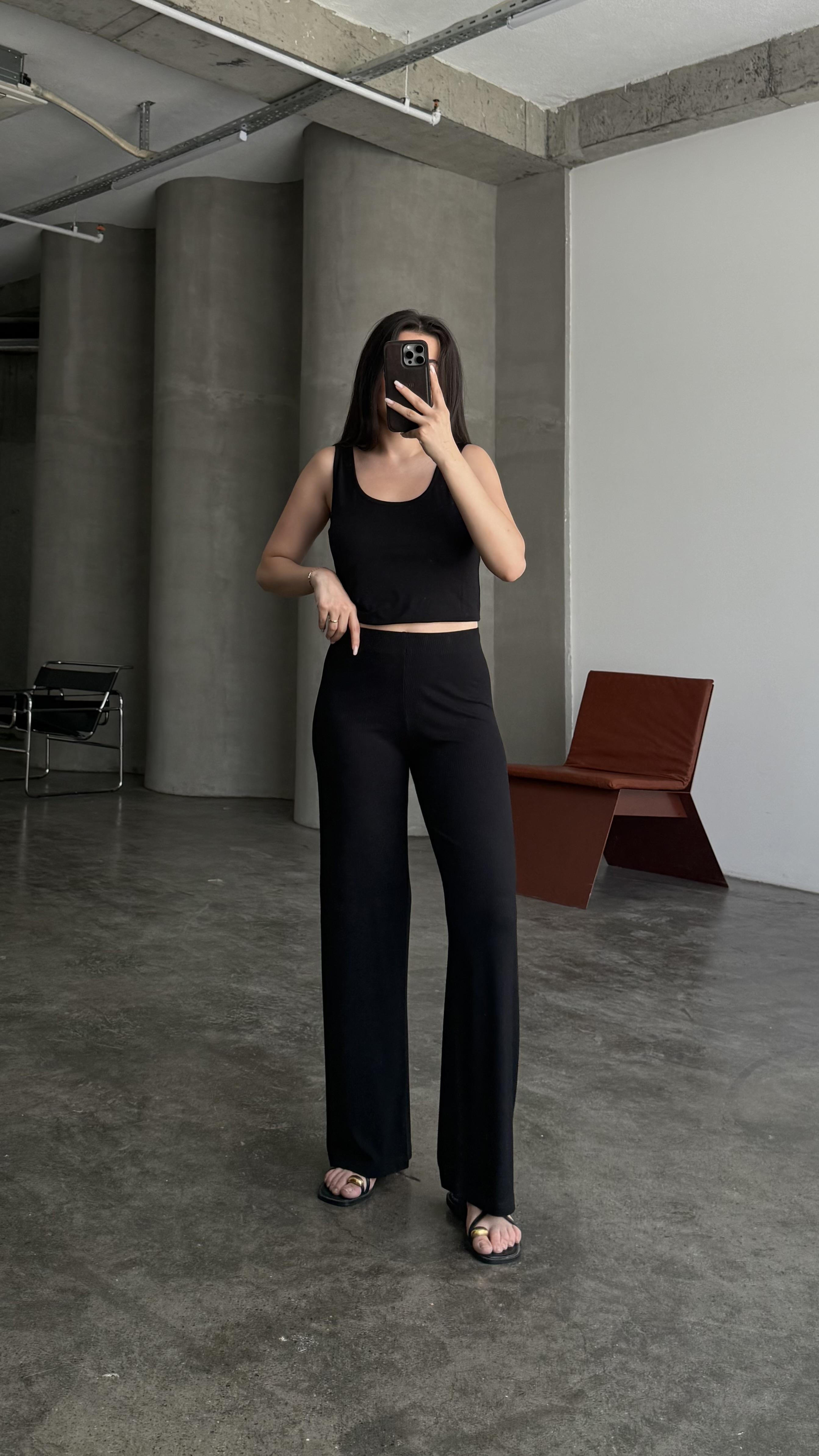 Modal Siyah Fitilli Basic Pantalon