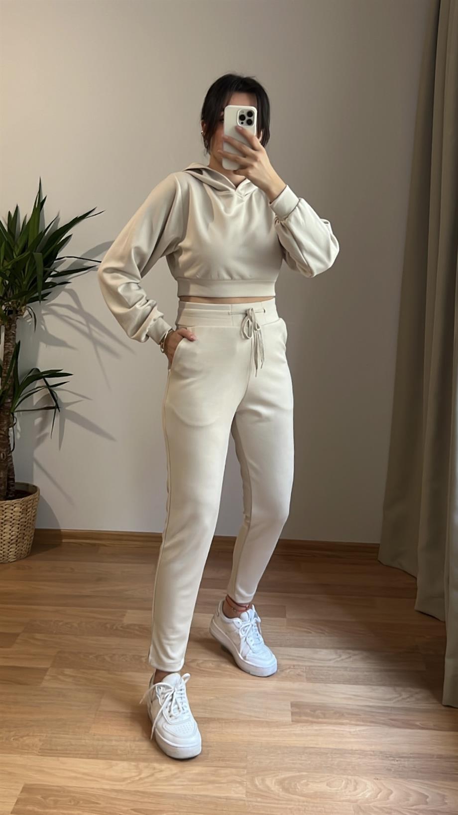 MOOG BEJ MODAL CROP SWEAT PANTOLON İKİLİ TAKIM