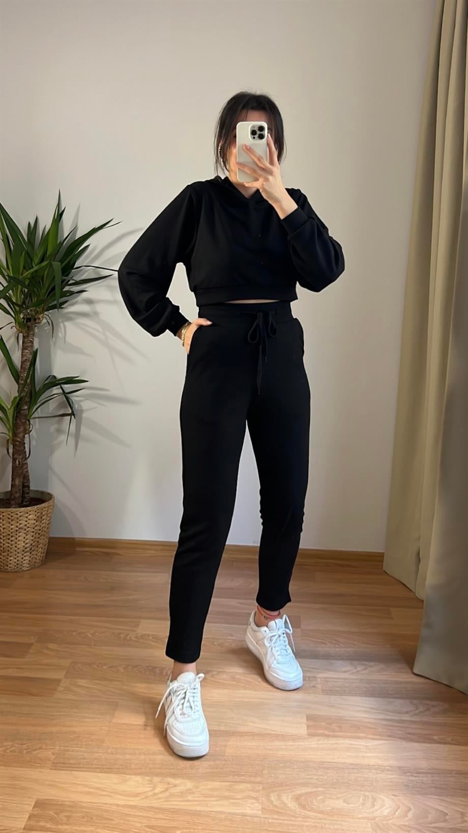 MOOG SİYAH MODAL CROP SWEAT PANTOLON İKİLİ TAKIM 