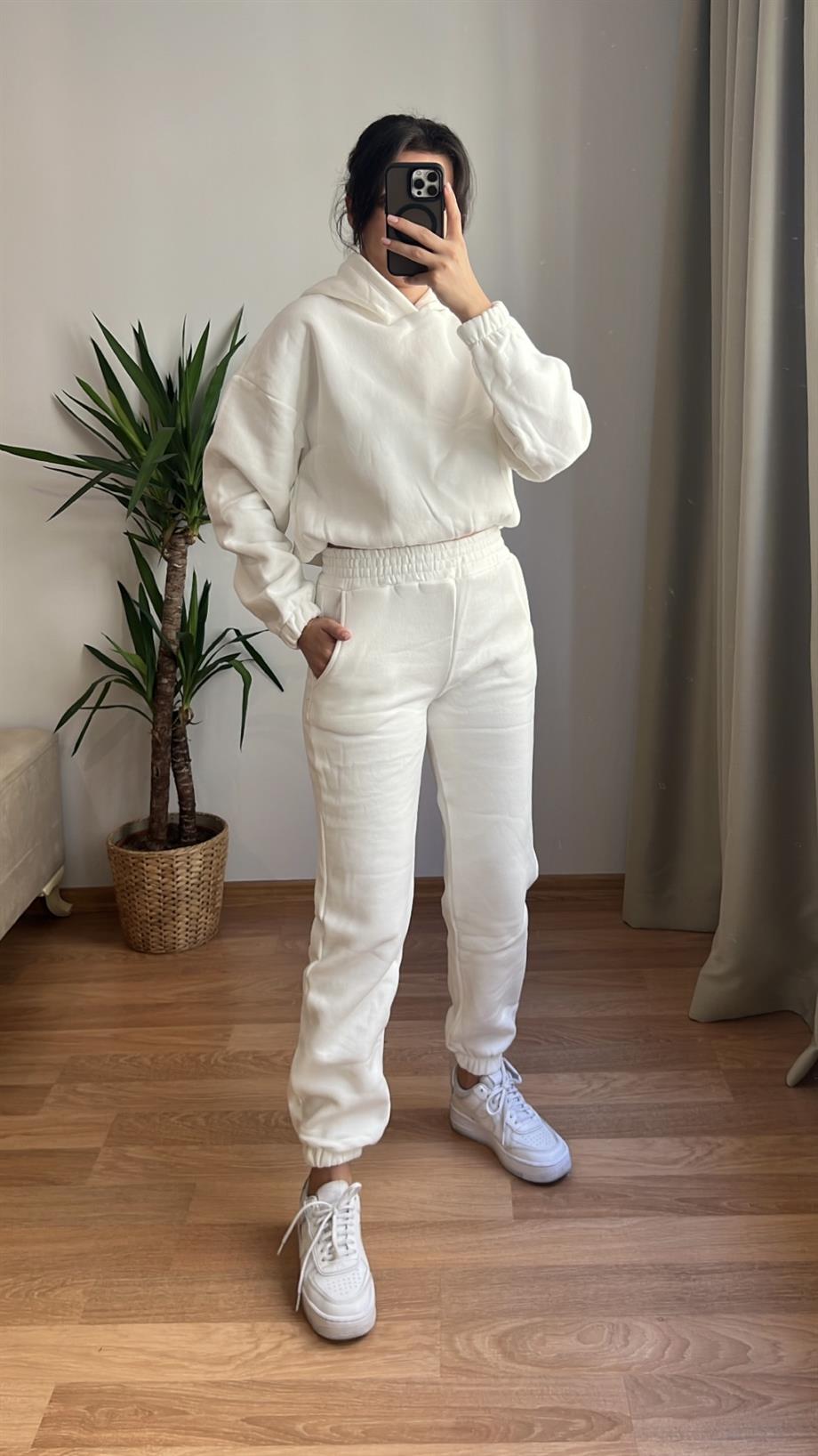 MOSS BEYAZ ÜÇ İPLİK ŞORDONLU EŞOFMAN TAKIM