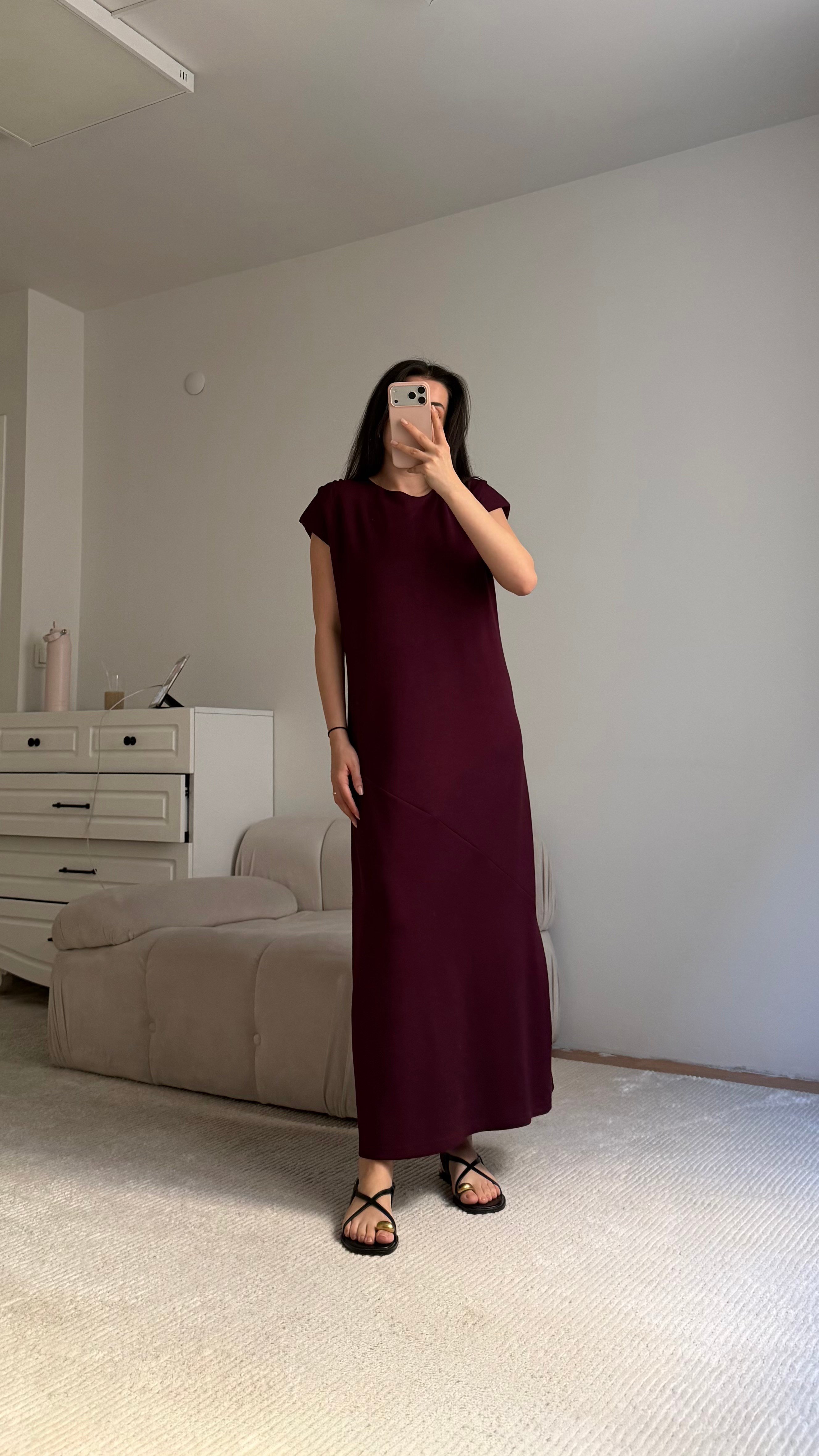 Mürdüm Bisiklet Yaka Vatkalı Dökümlü Maxi Elbise