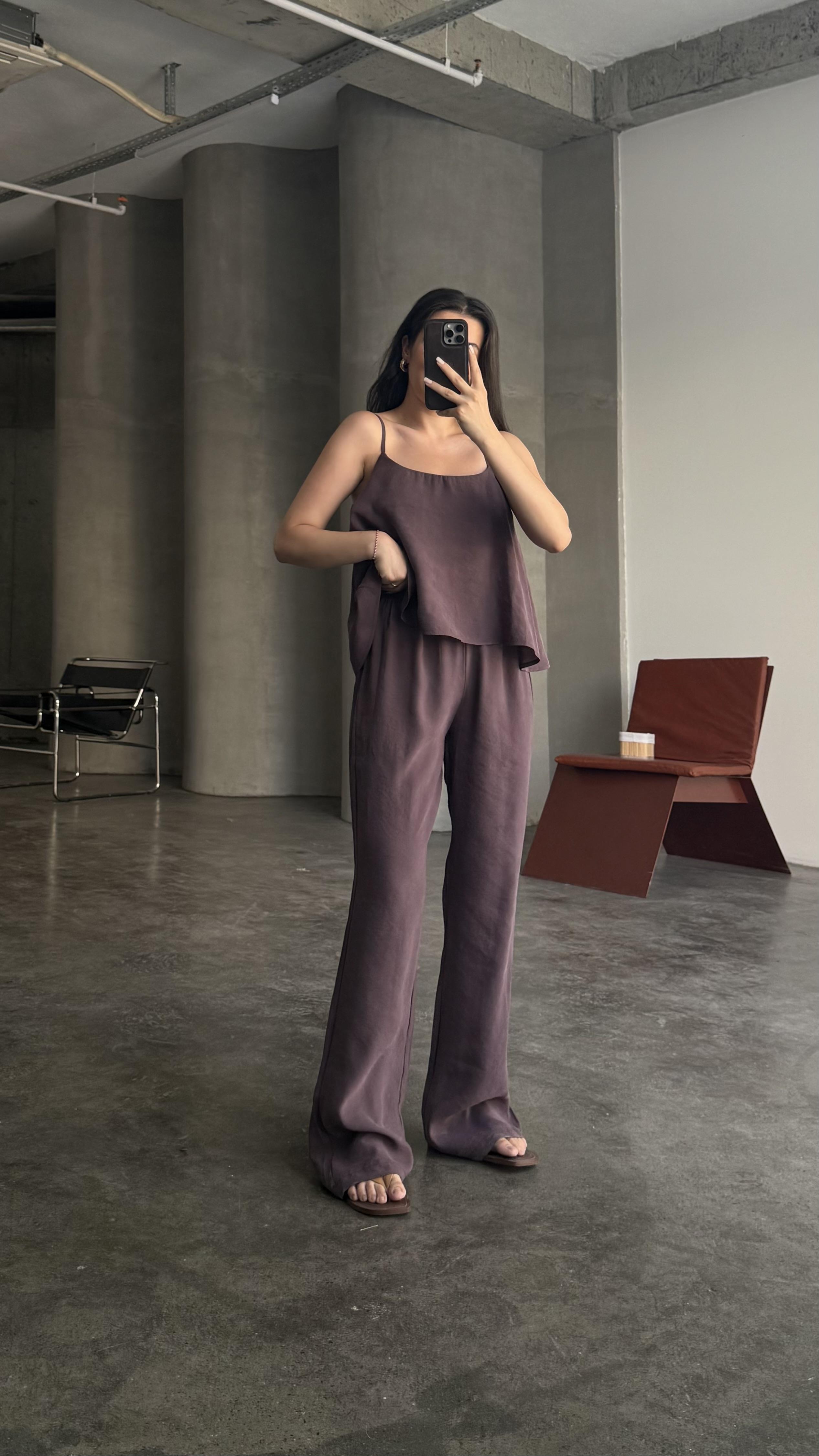 Mürdüm İp Askılı Bluz Pantolon Takım