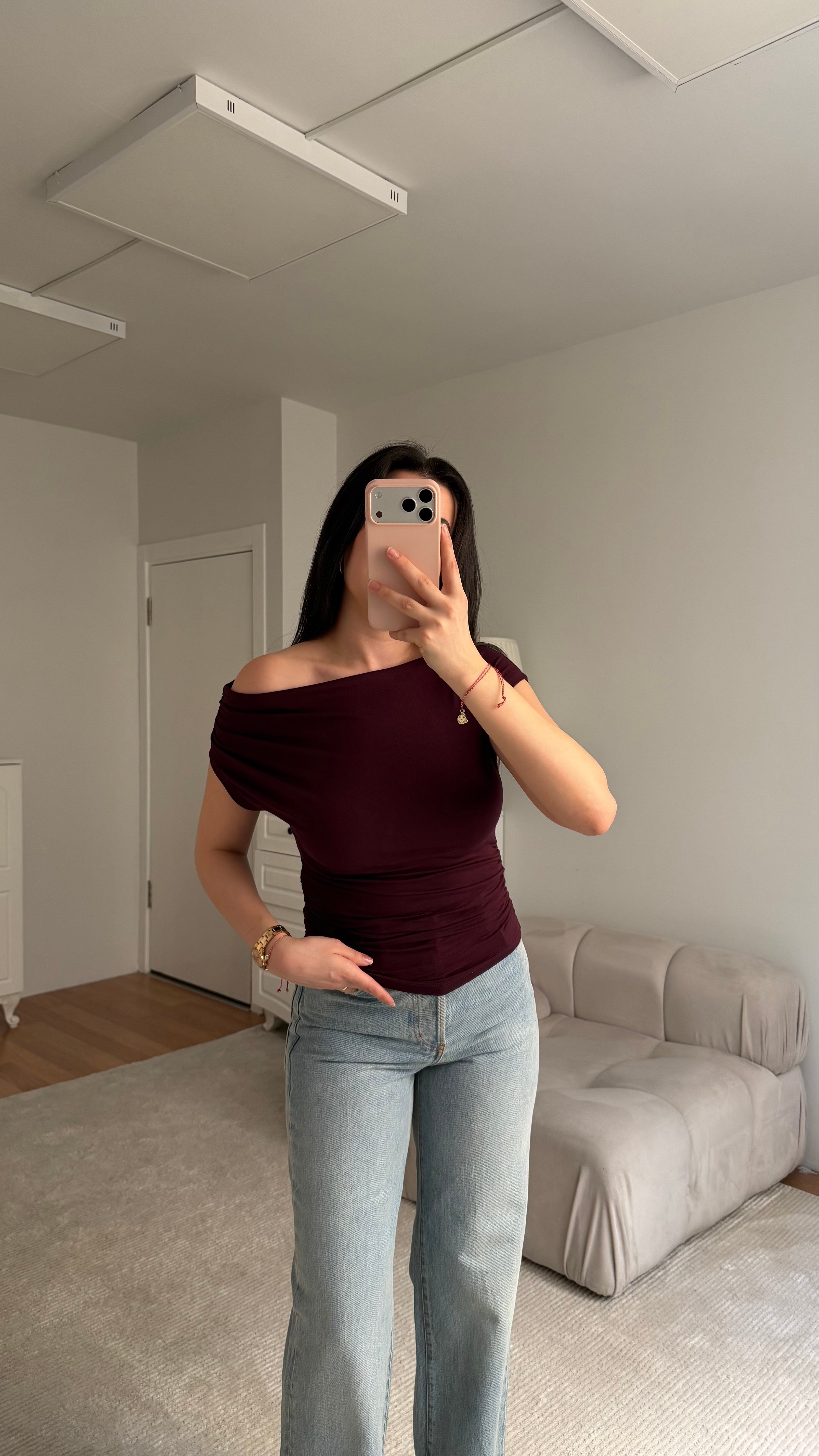 Mürdüm Kayık Yaka Drapeli Kısa Kol Bluz