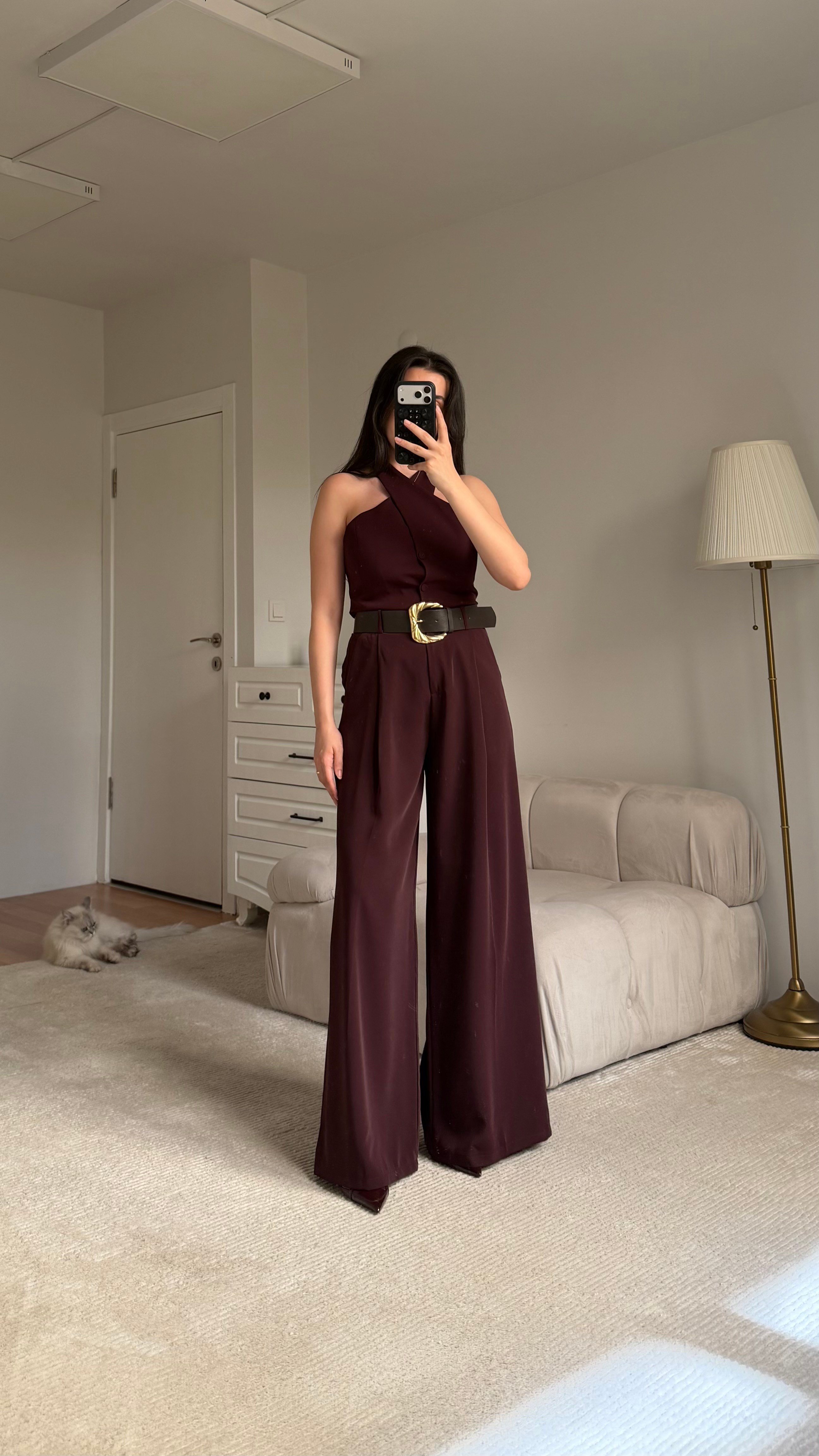 Mürdüm Yüksek Bel Premium Kemerli Pantolon 