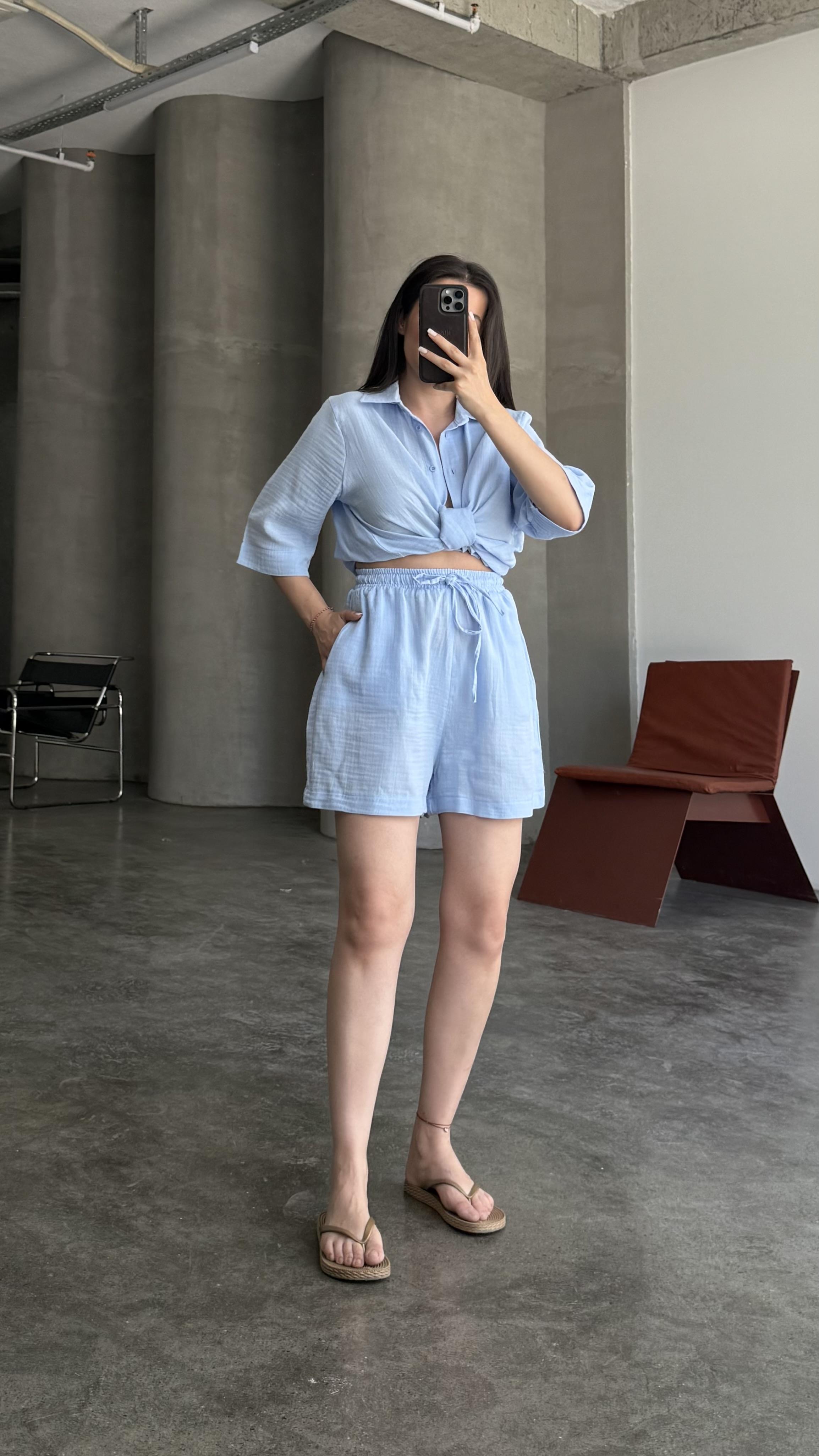 Müslin Bebe Mavi Gömlek Şort 2'li Takım