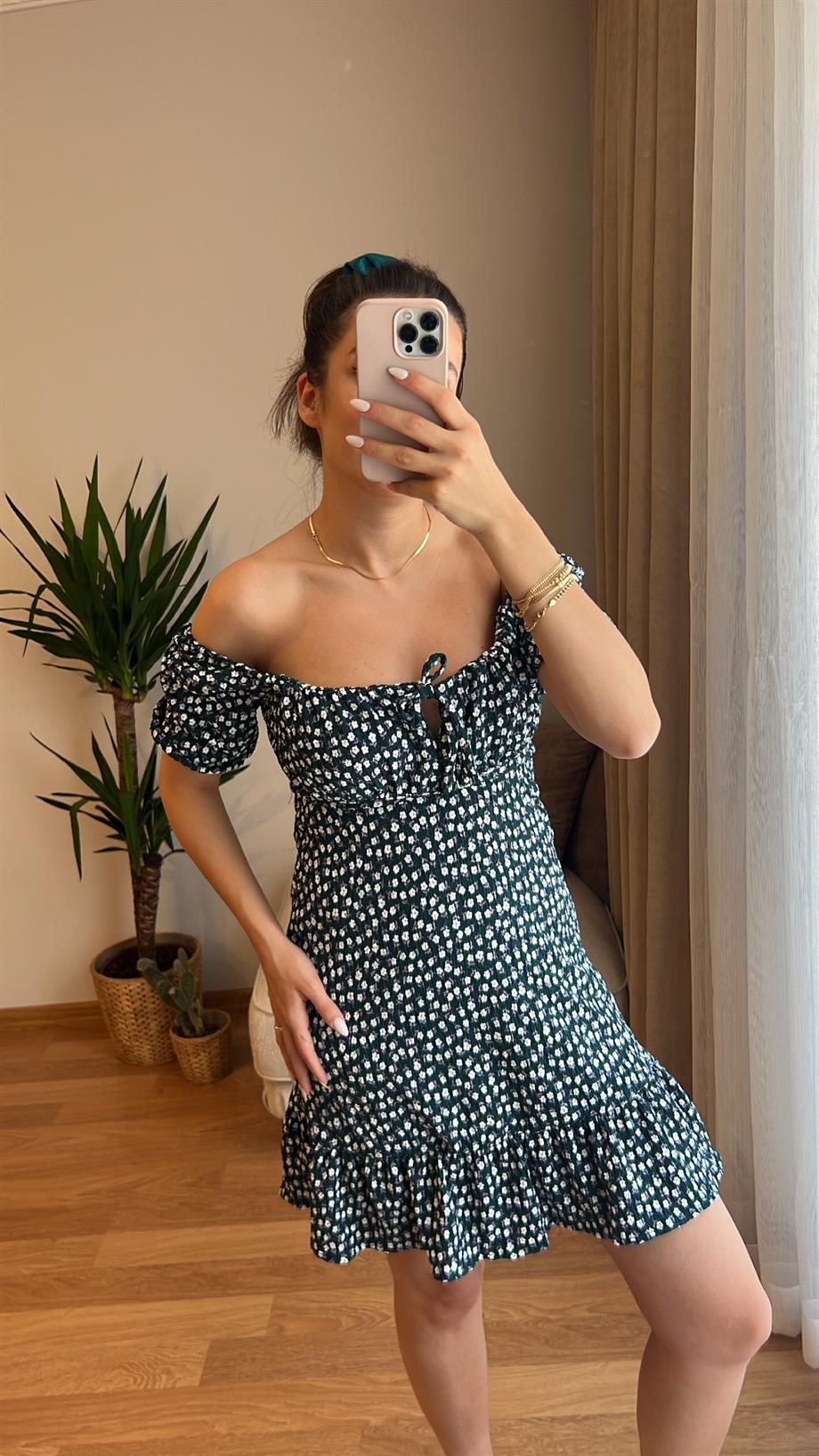 MÜSLİN YAKA BAĞLAMA DETAY ELBİSE