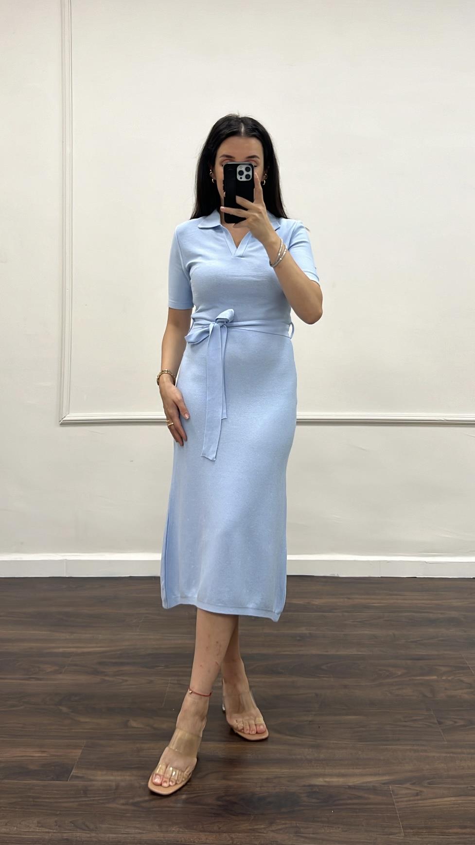 Mv Bebek Mavi Çelik Örme Kuşaklı  Triko Elbise