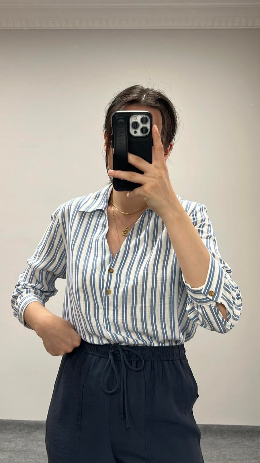 Mv Mavi Beyaz Keten Gömlek