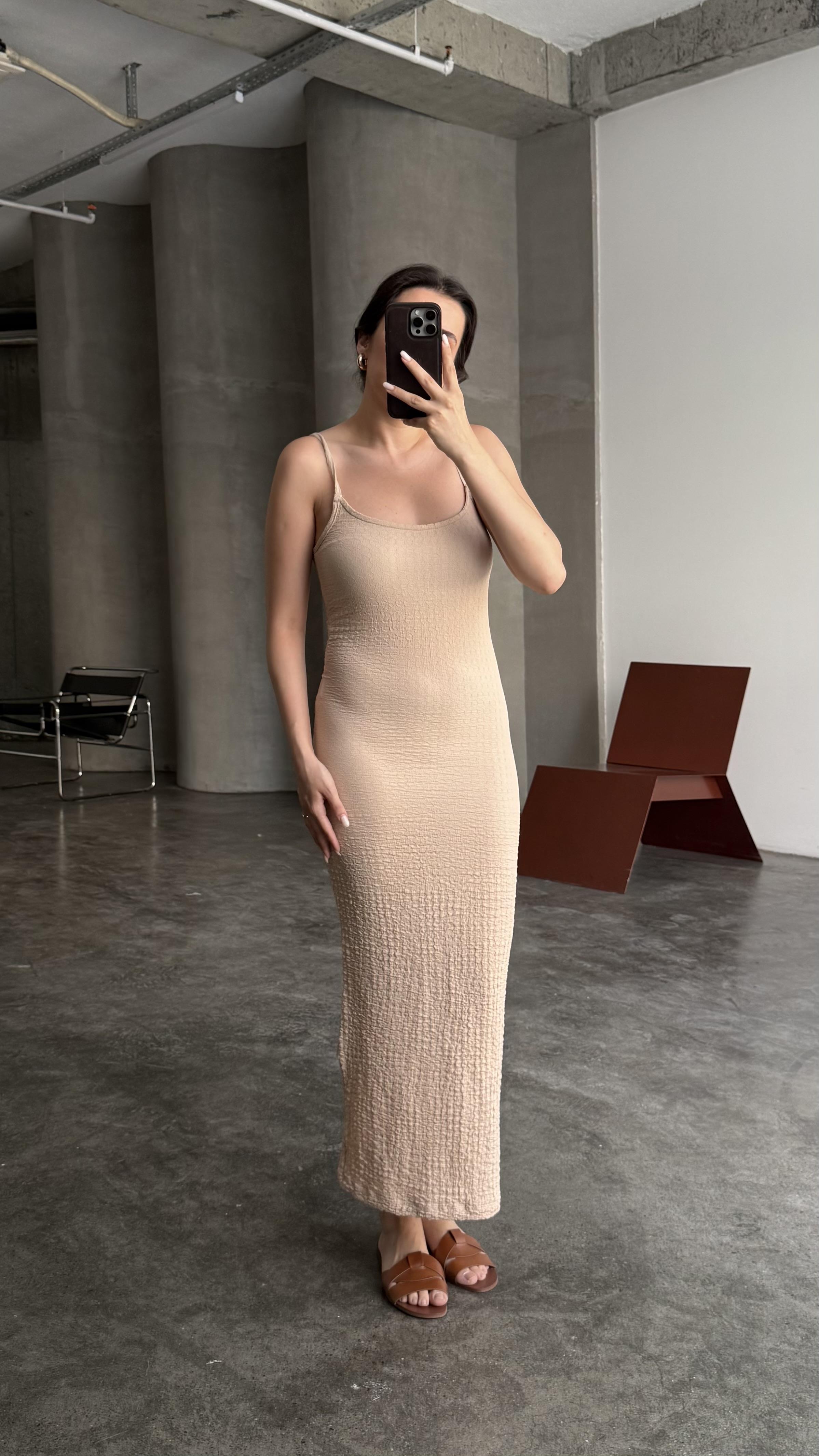 Niss Bej Gofre İp Aslı Midi Elbise