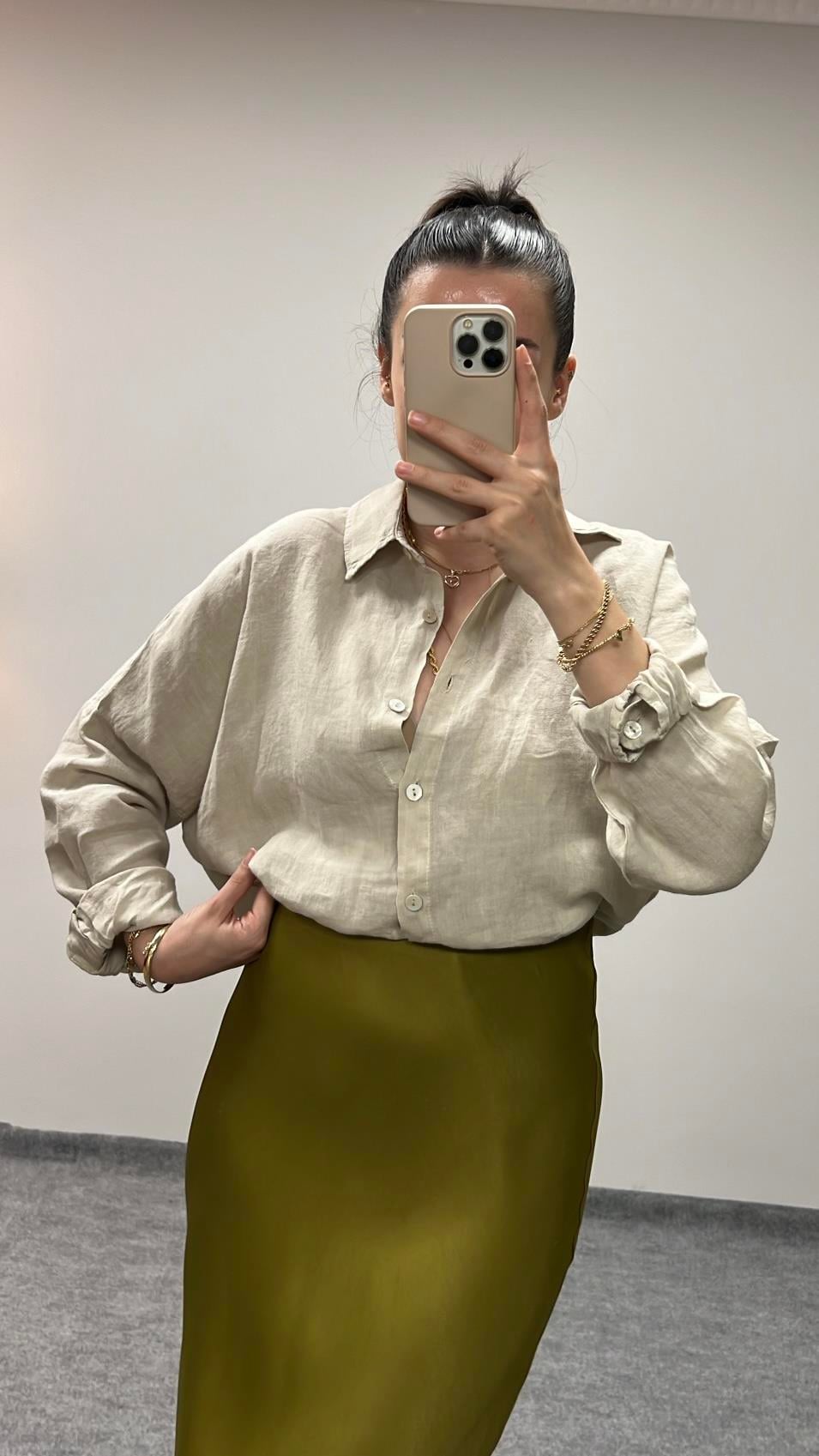 OLIVE HAM KETEN OVERSIZE GÖMLEK