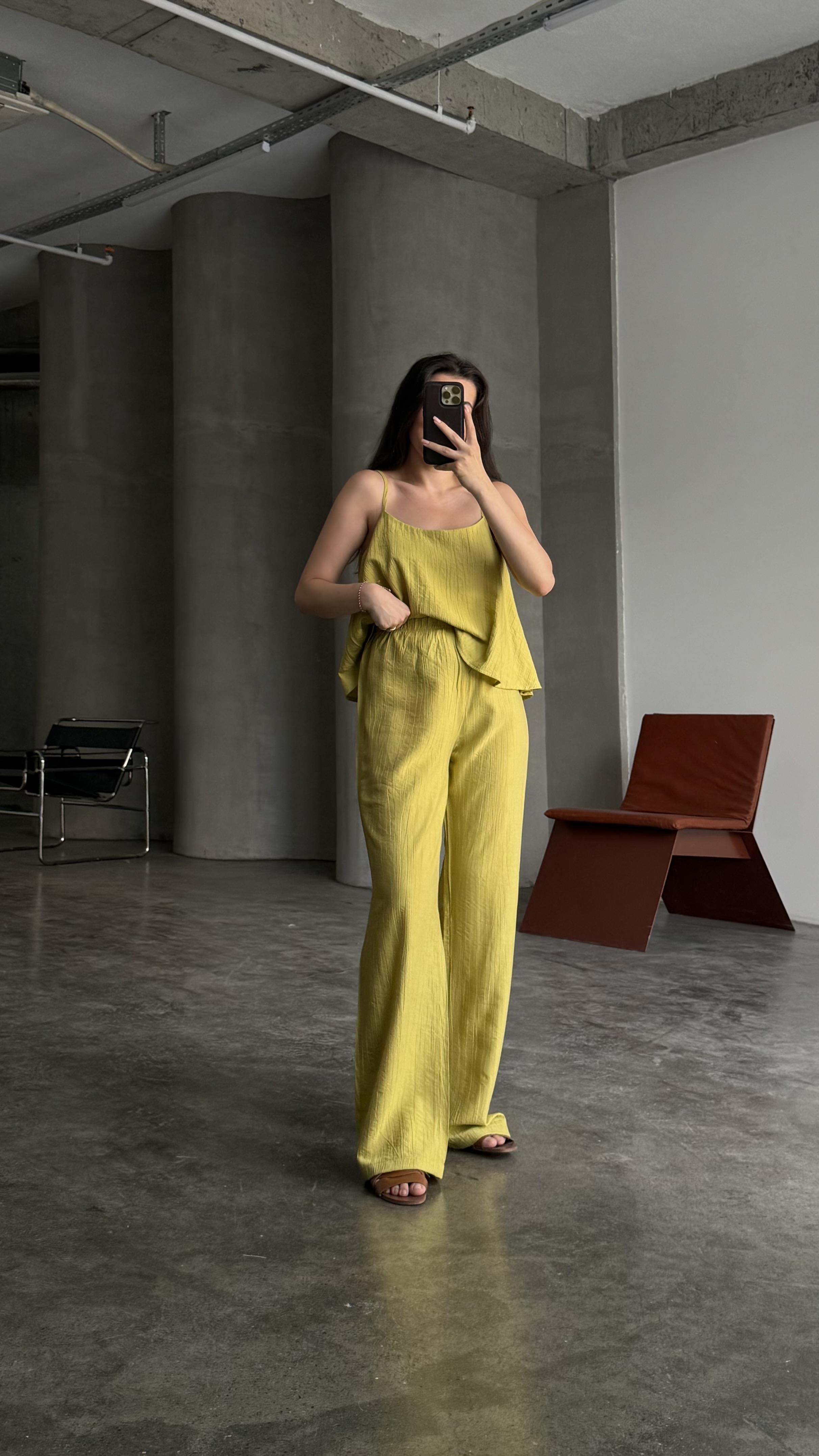 Olive İp Askılı Bluz Pantolon Takım