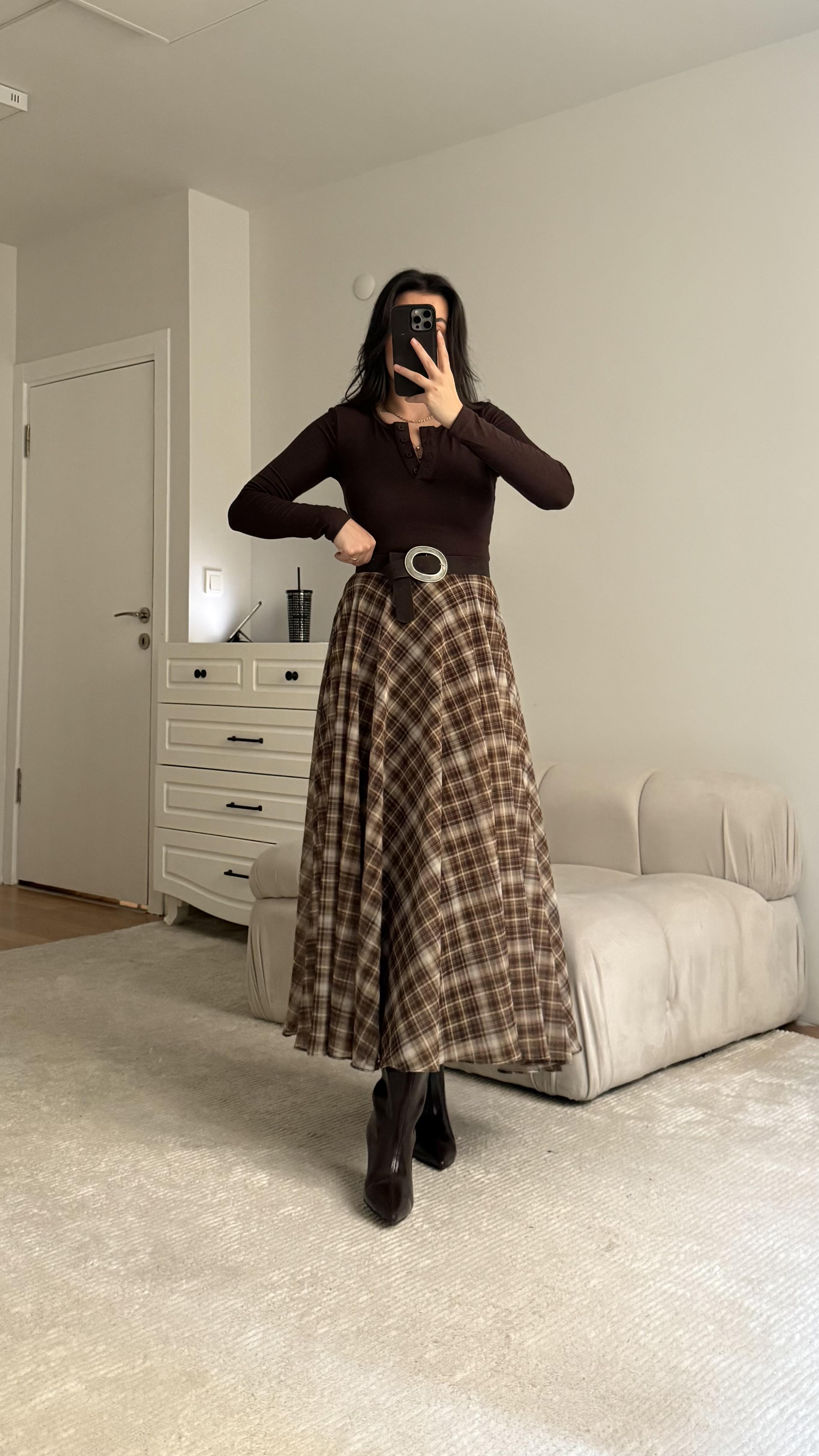 Olive Kahve Ekose Desen Etek