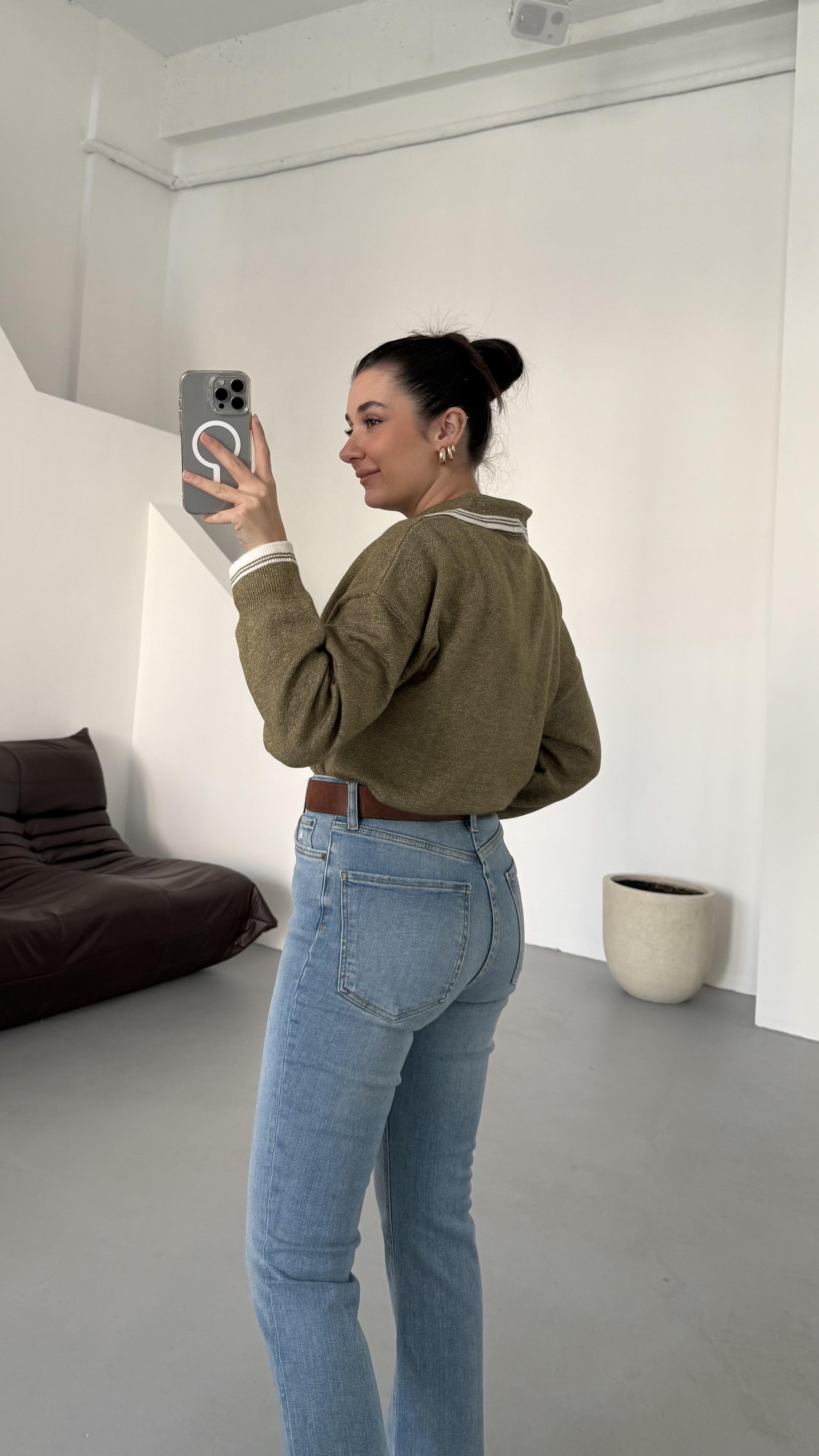 Olive-Krem Çizgi Detaylı Polo Yaka Triko