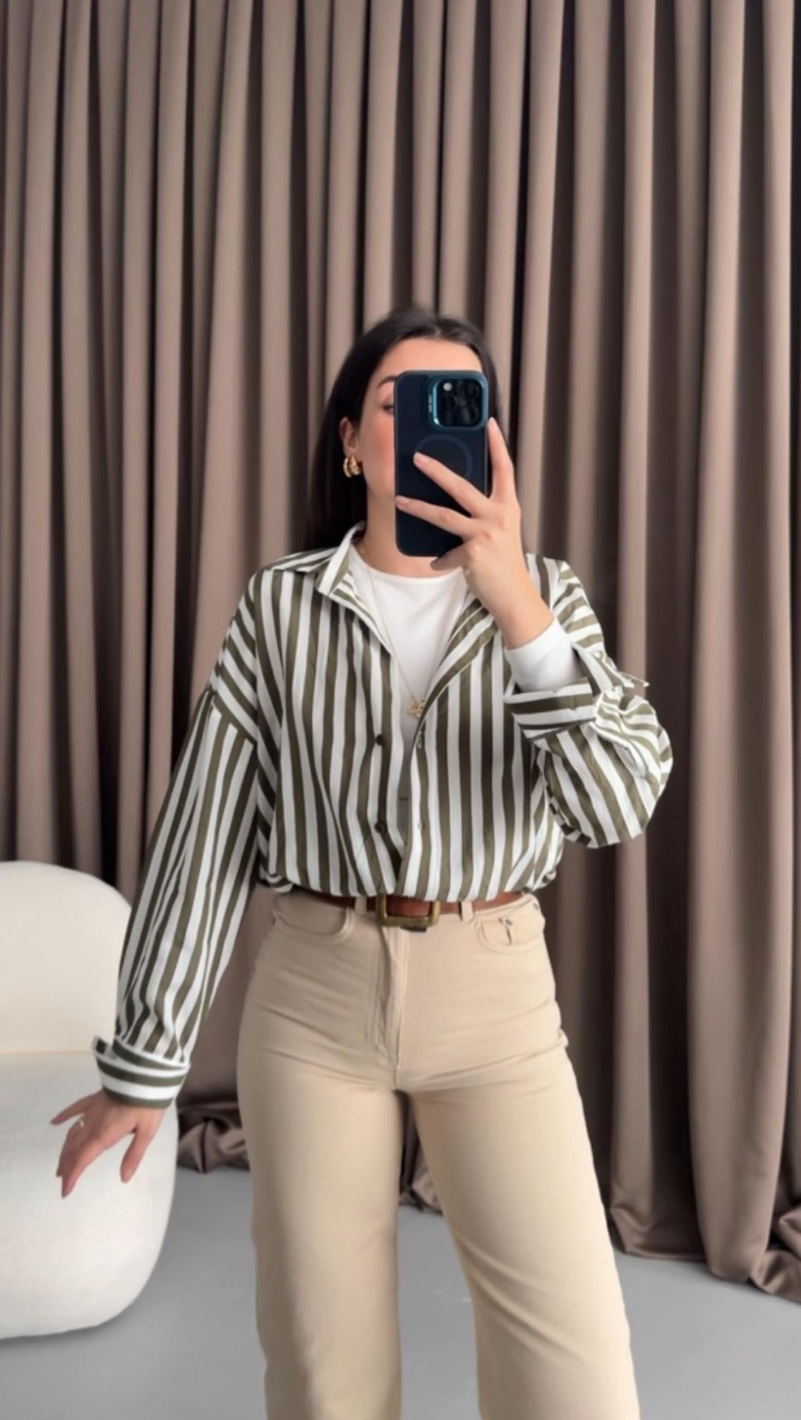 Olive/Beyaz Çizgili Oversıze Gömlek