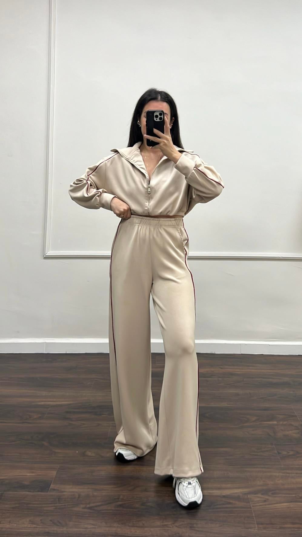 Oys Bej Aplikeli Modal Hırka/Pantolon Takım