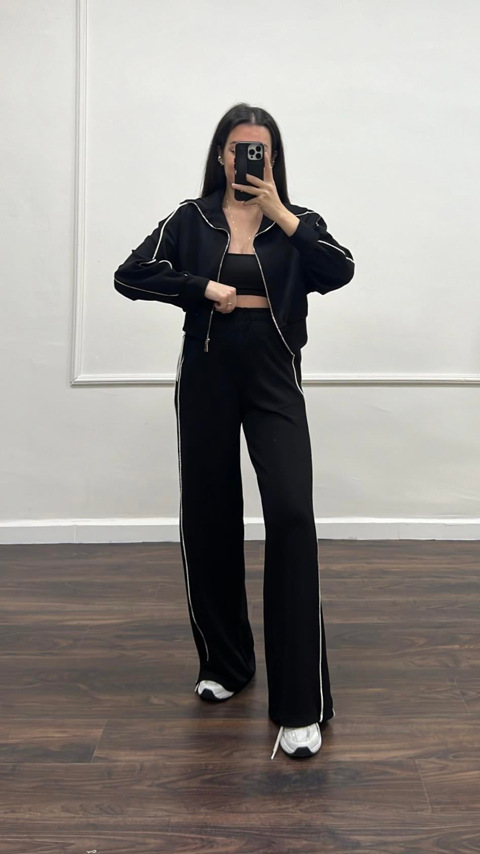 Oys Siyah Aplikeli Modal Hırka/Pantolon Takım