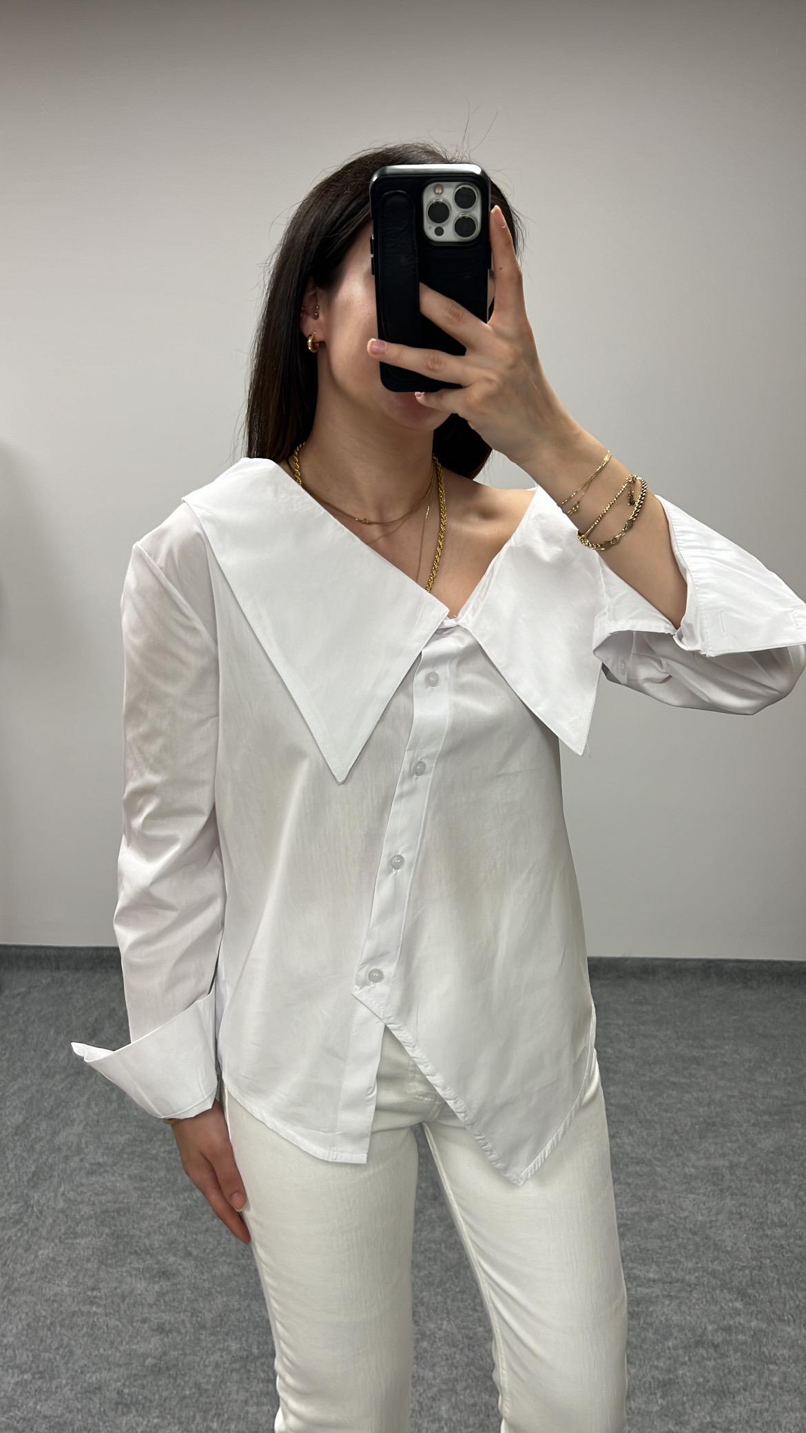 ÖZEL TASARIM BEYAZ ASİMETRİK GÖMLEK