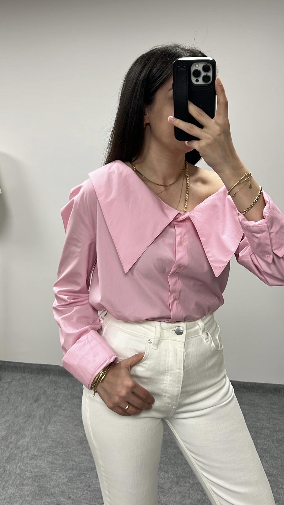 ÖZEL TASARIM PEMBE ASİMETRİK GÖMLEK