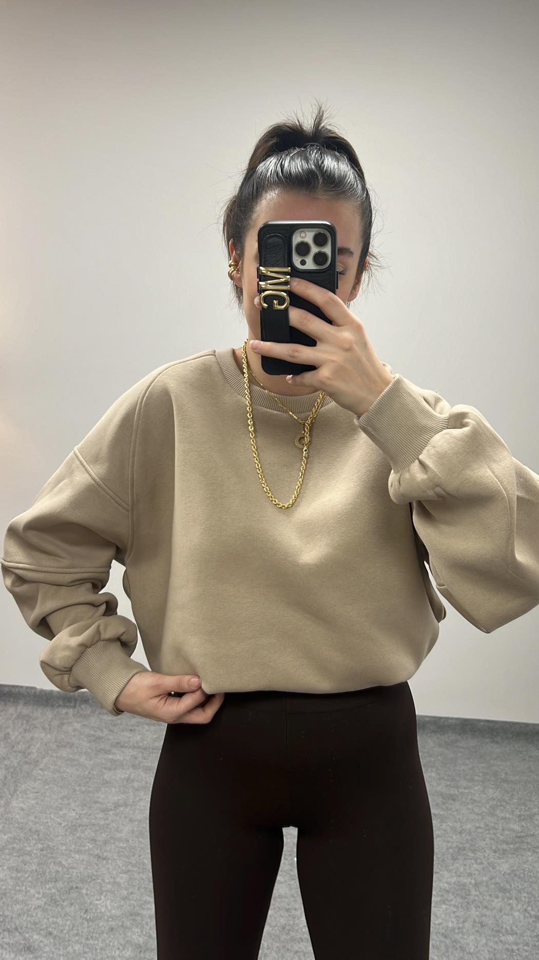 PAMUKLU BEJ OVERSİZE SWEATSHIRT