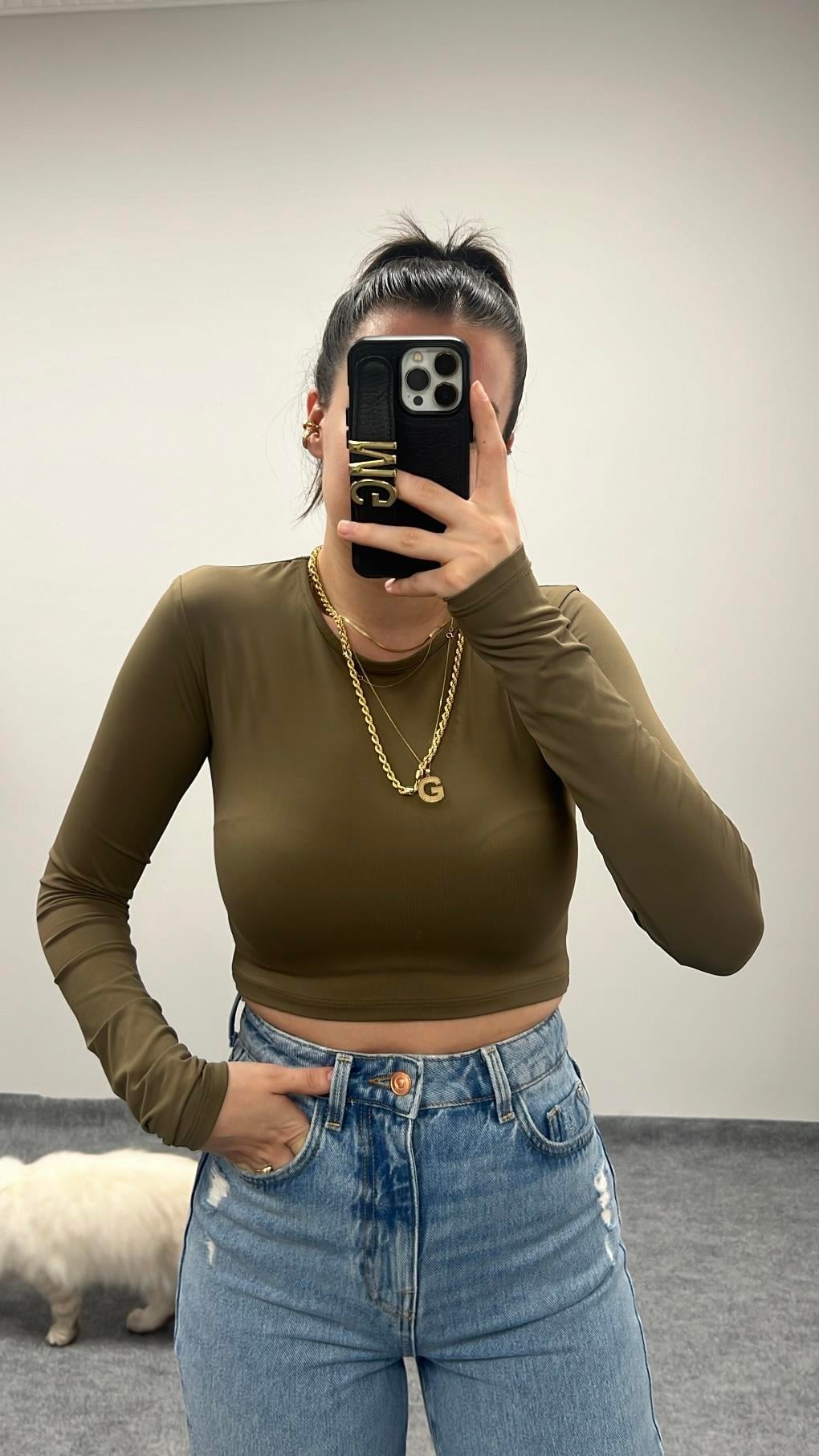 PB STREÇ HAKİ UZUN KOLLU CROP BADİ