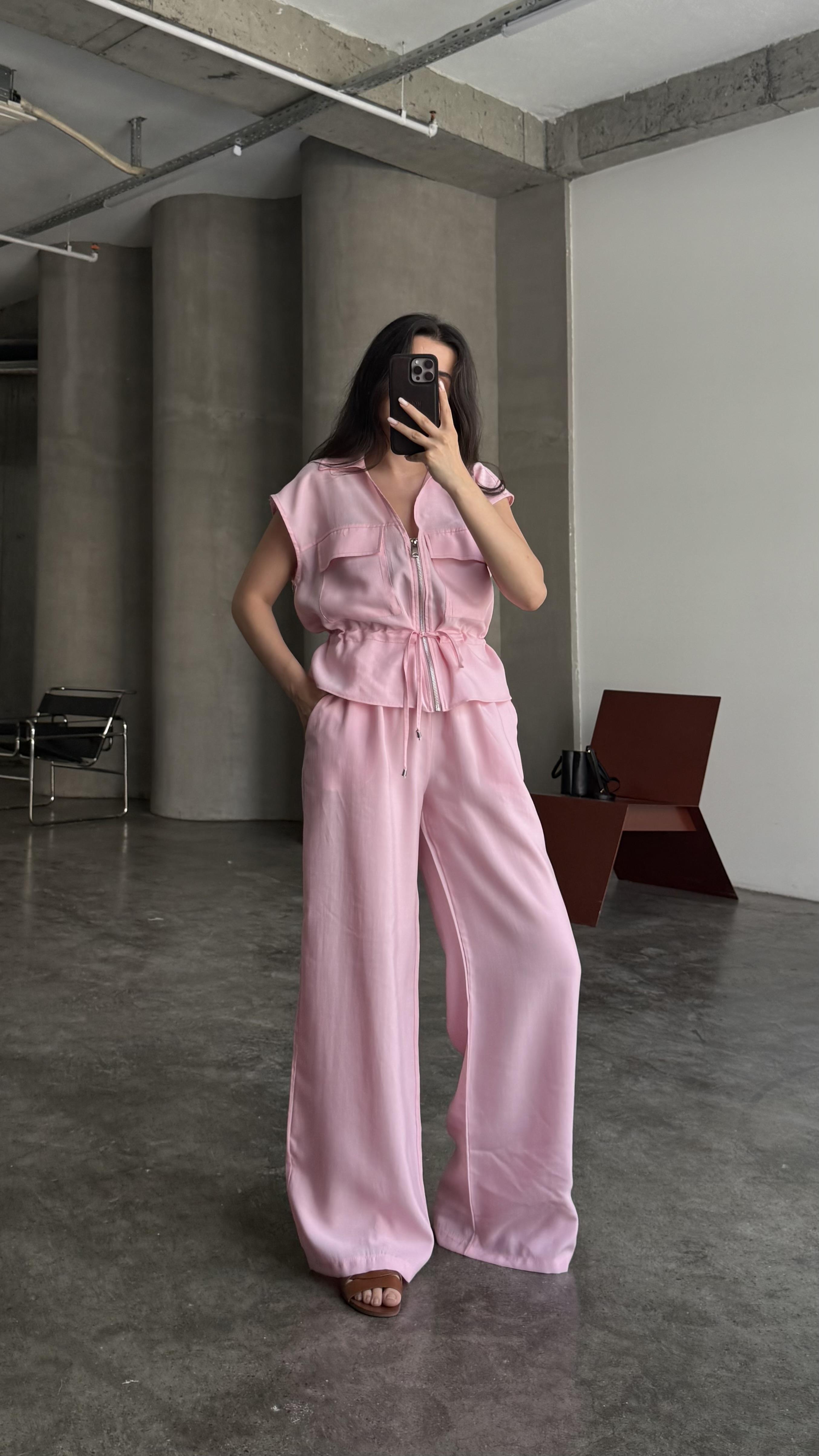 Pembe Bağlamalı Yelek Yüksek Bel Pantolon Modal Takım