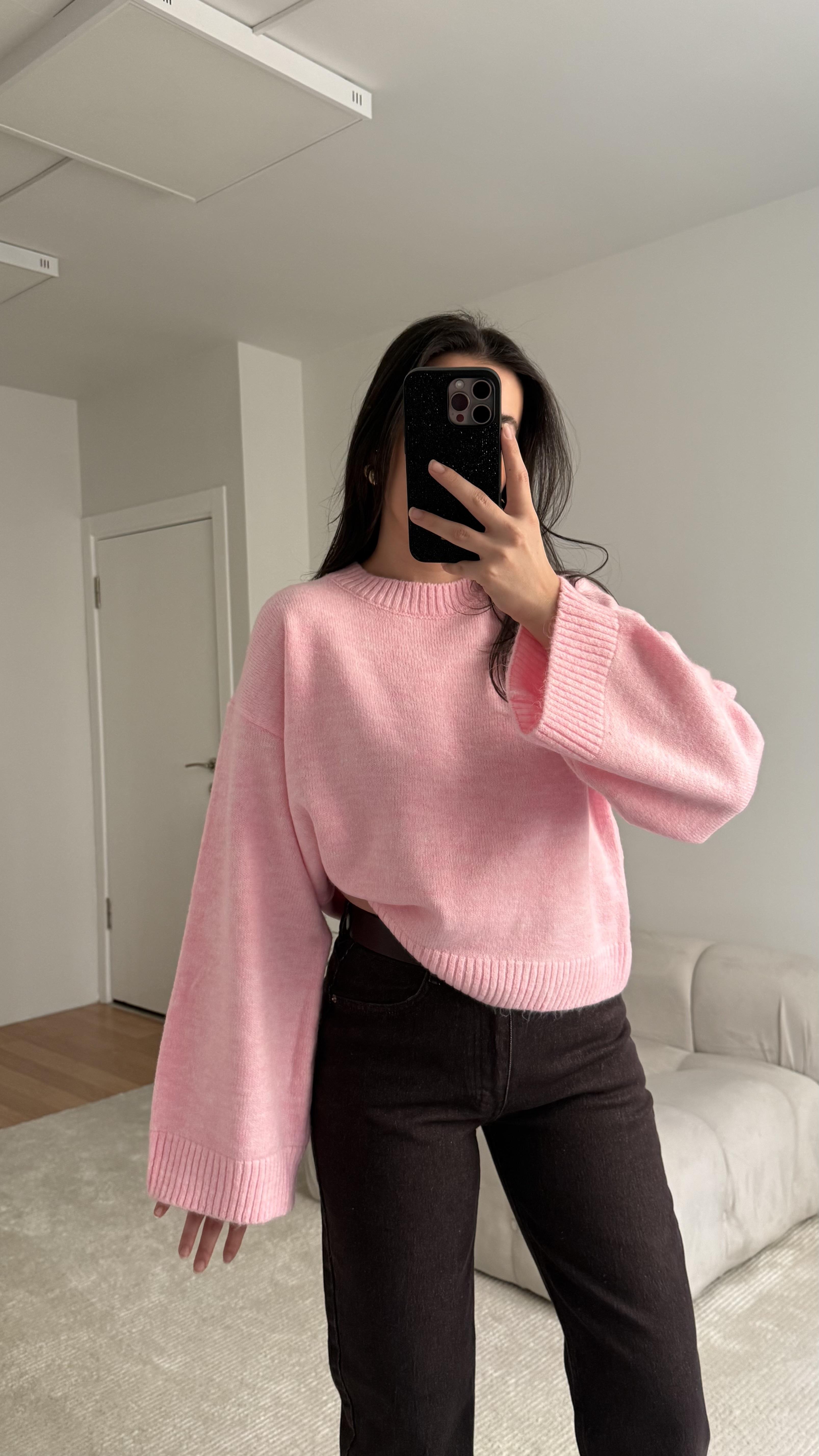 Pembe Bisiklet Yaka Balon Kol Kazak