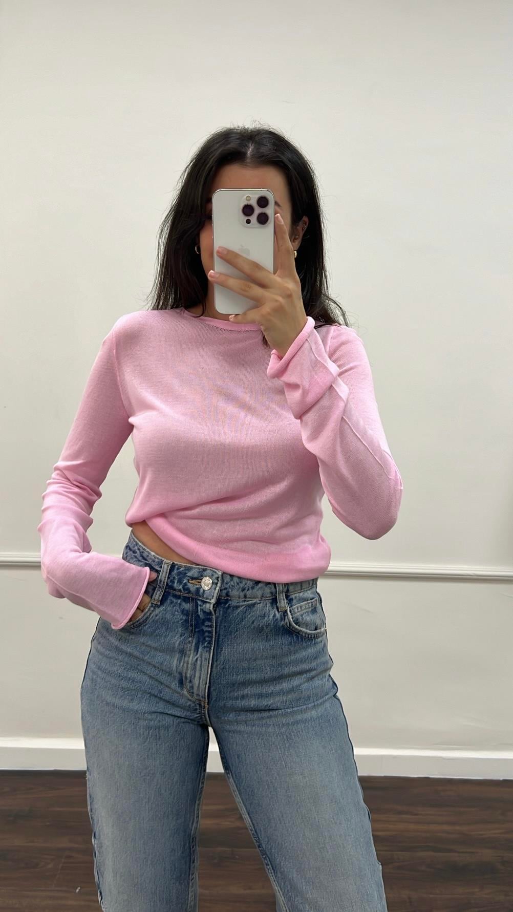 Pembe Bisiklet Yaka Transparan Uzun Kollu Triko