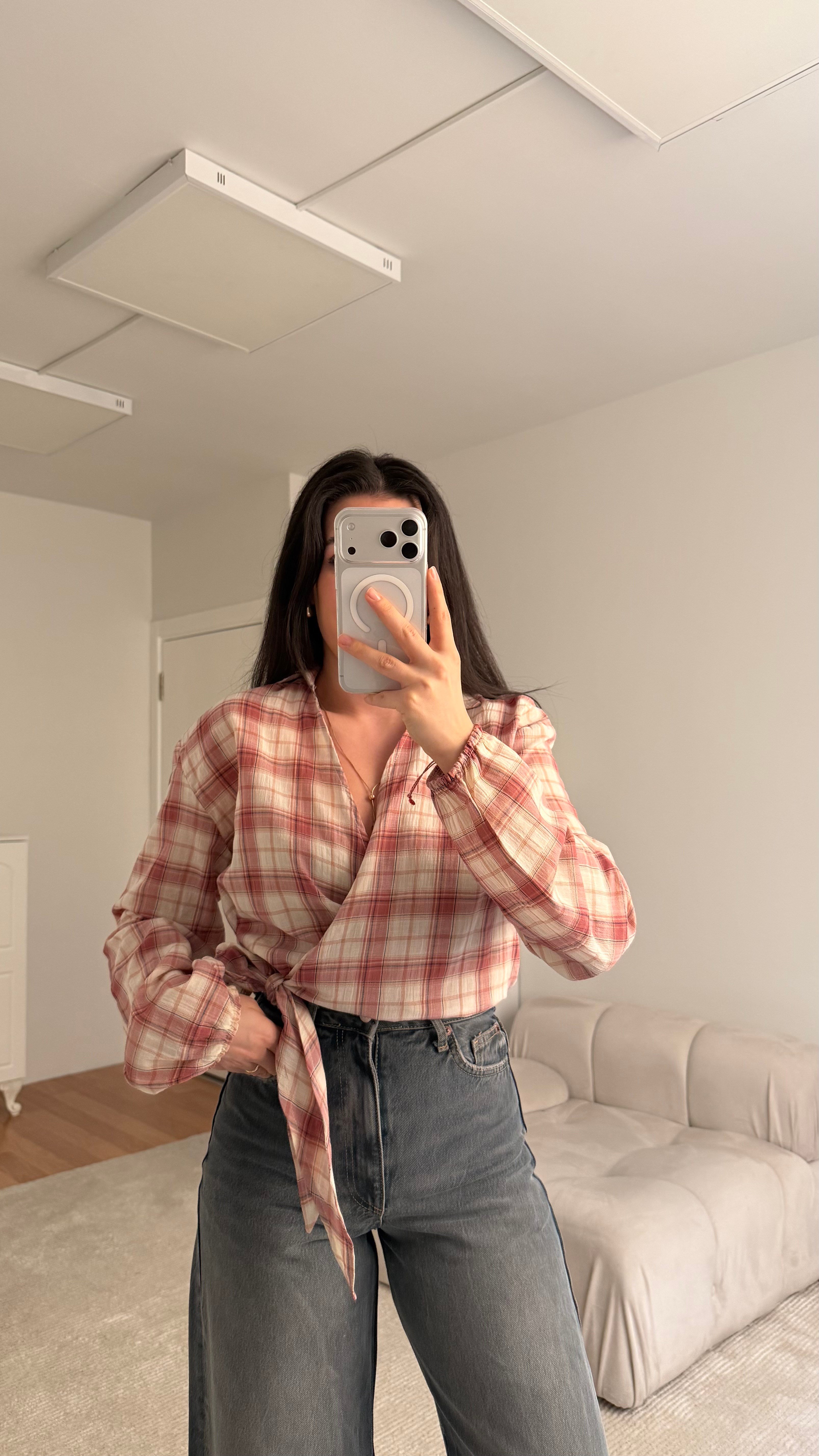 Pembe Çift Bağlamalı Ekose Desen  Gömlek