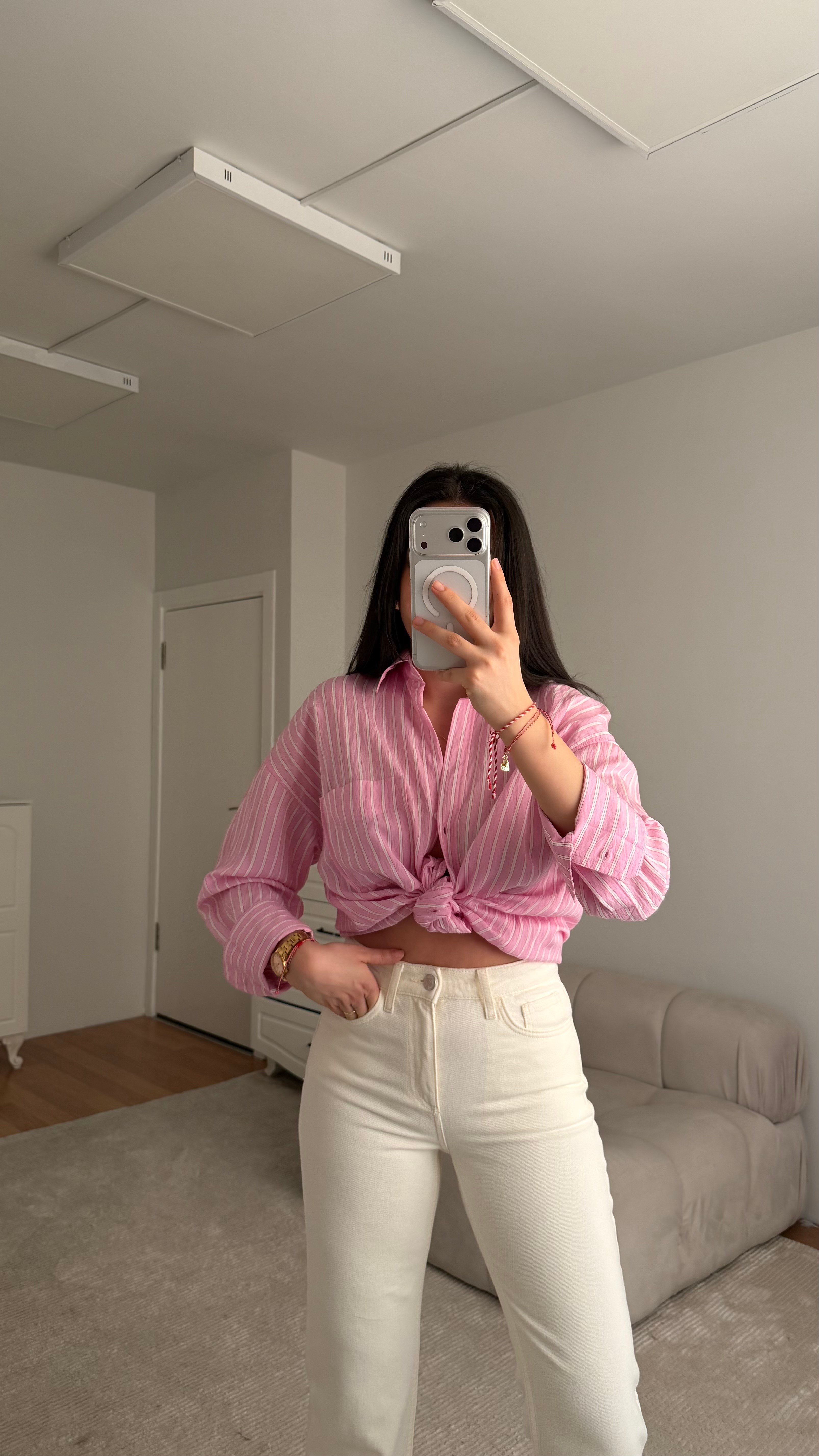 Pembe Çizgili Cep Detaylı Poplin Gömlek 