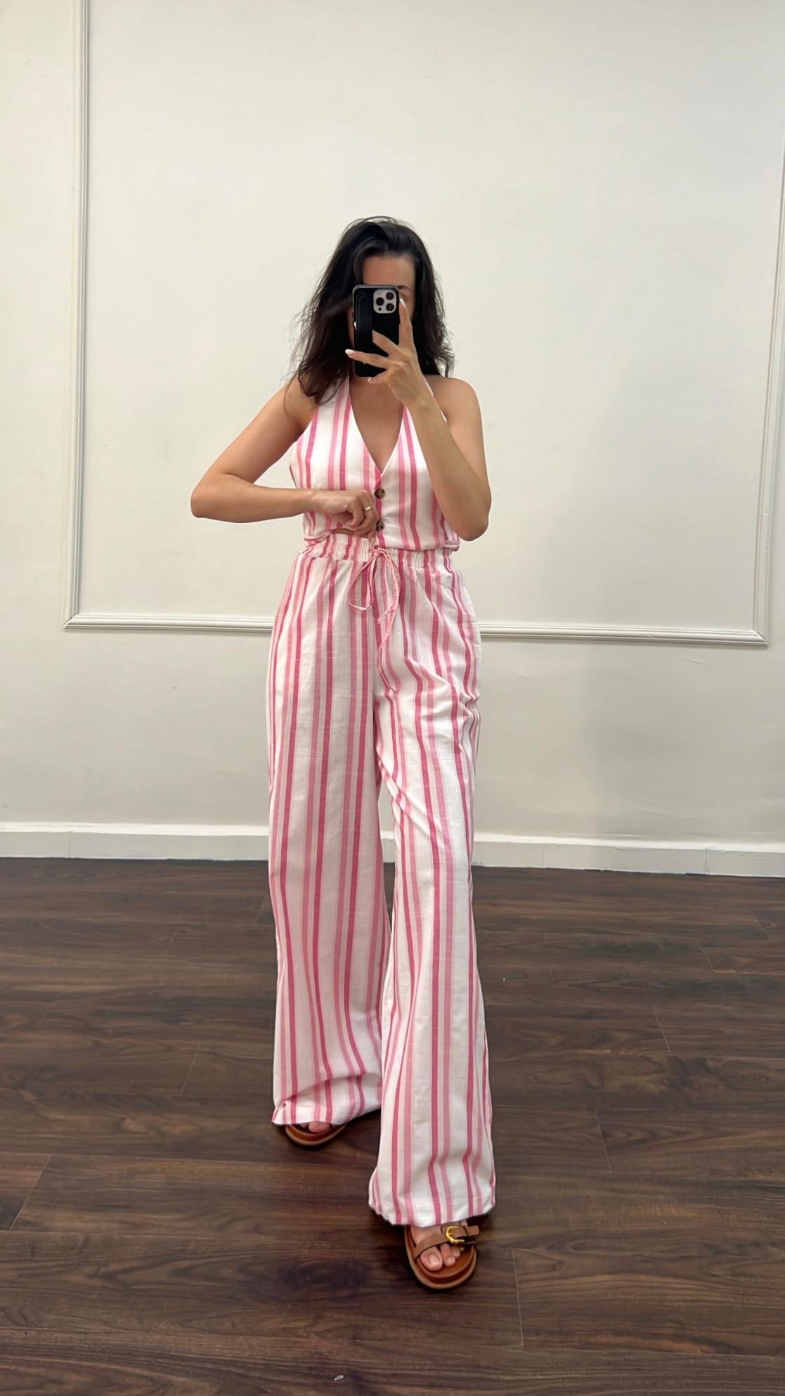 Pembe Çizgili Keten Bol Pantolon
