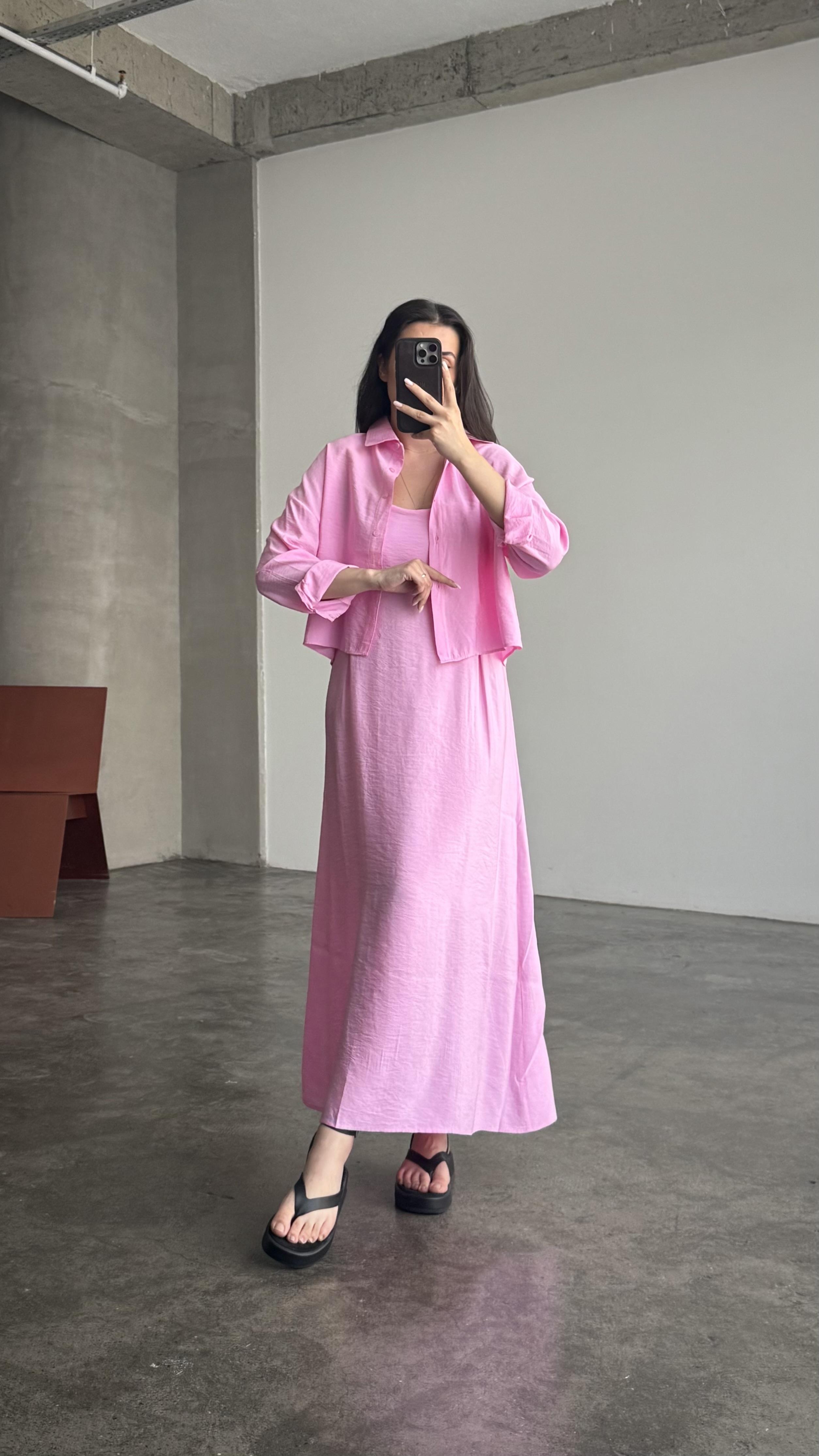 Pembe Gömlekli İp Askılı Elbise Tensel Takım