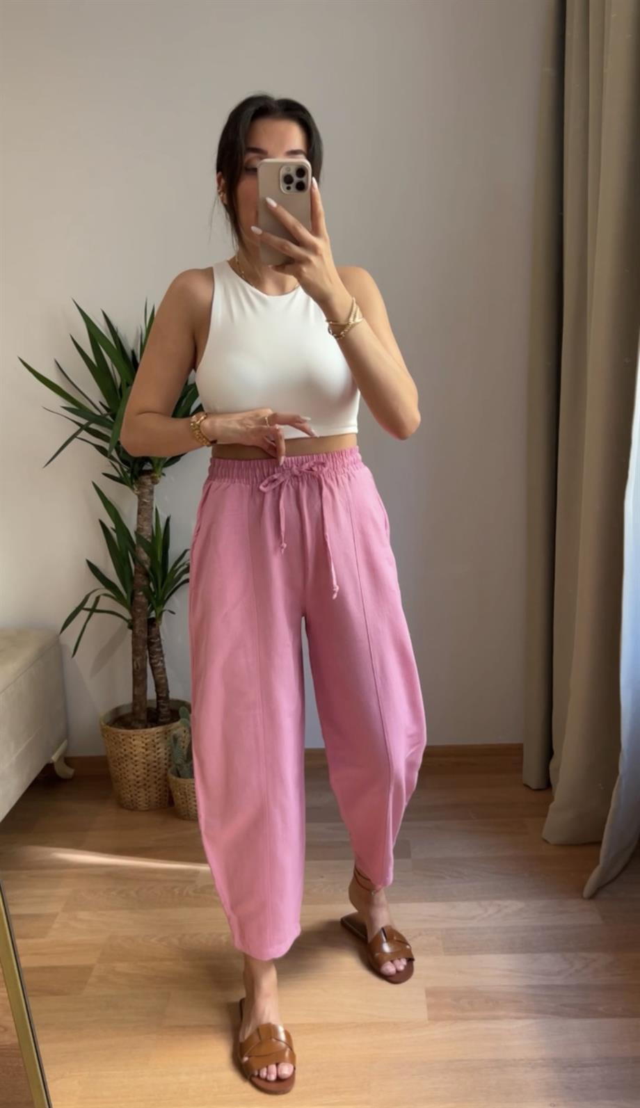 PEMBE KETEN ŞALVAR PANTOLON