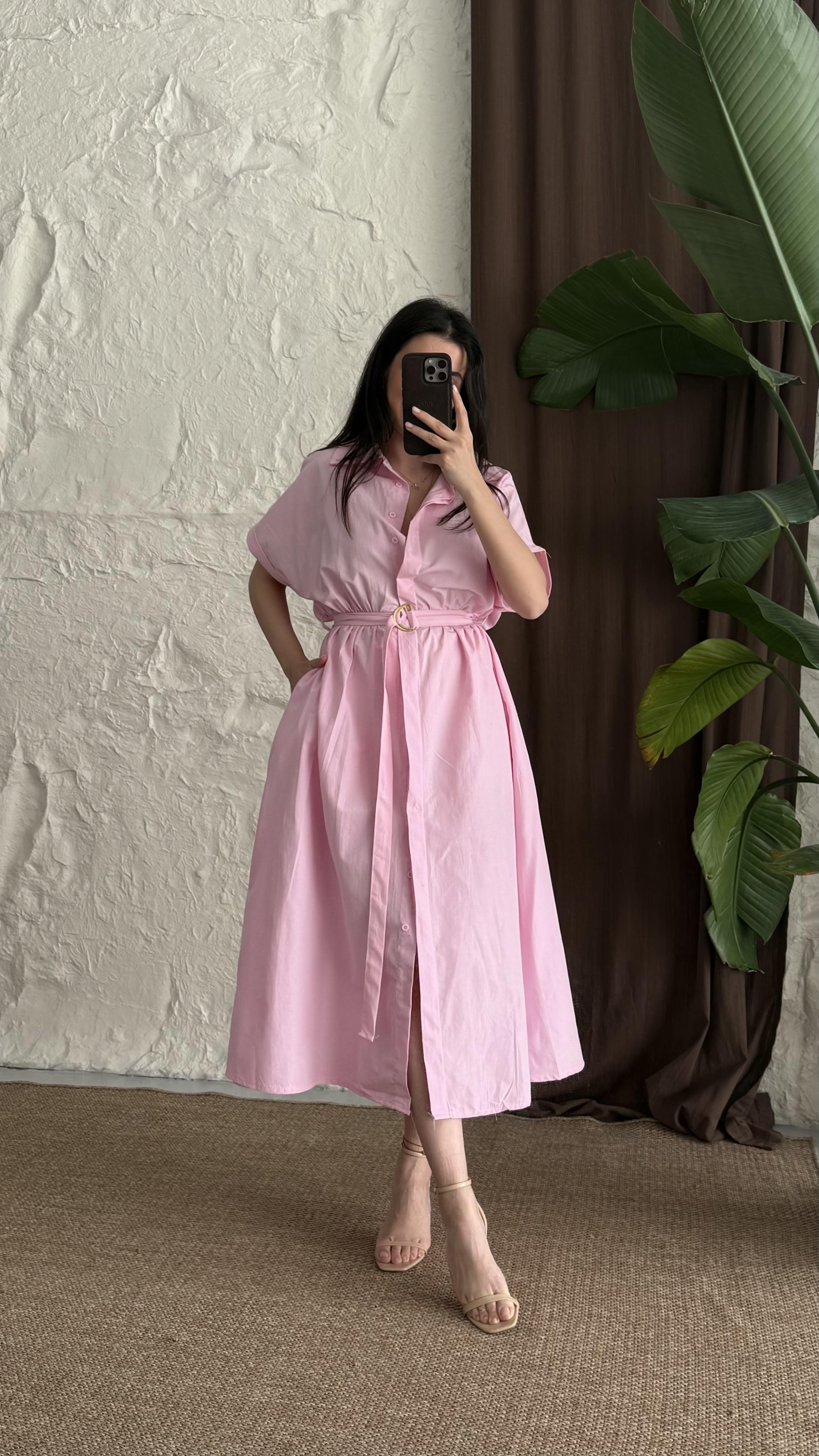 Pembe Kuşaklı Poplin Gömlek Elbise