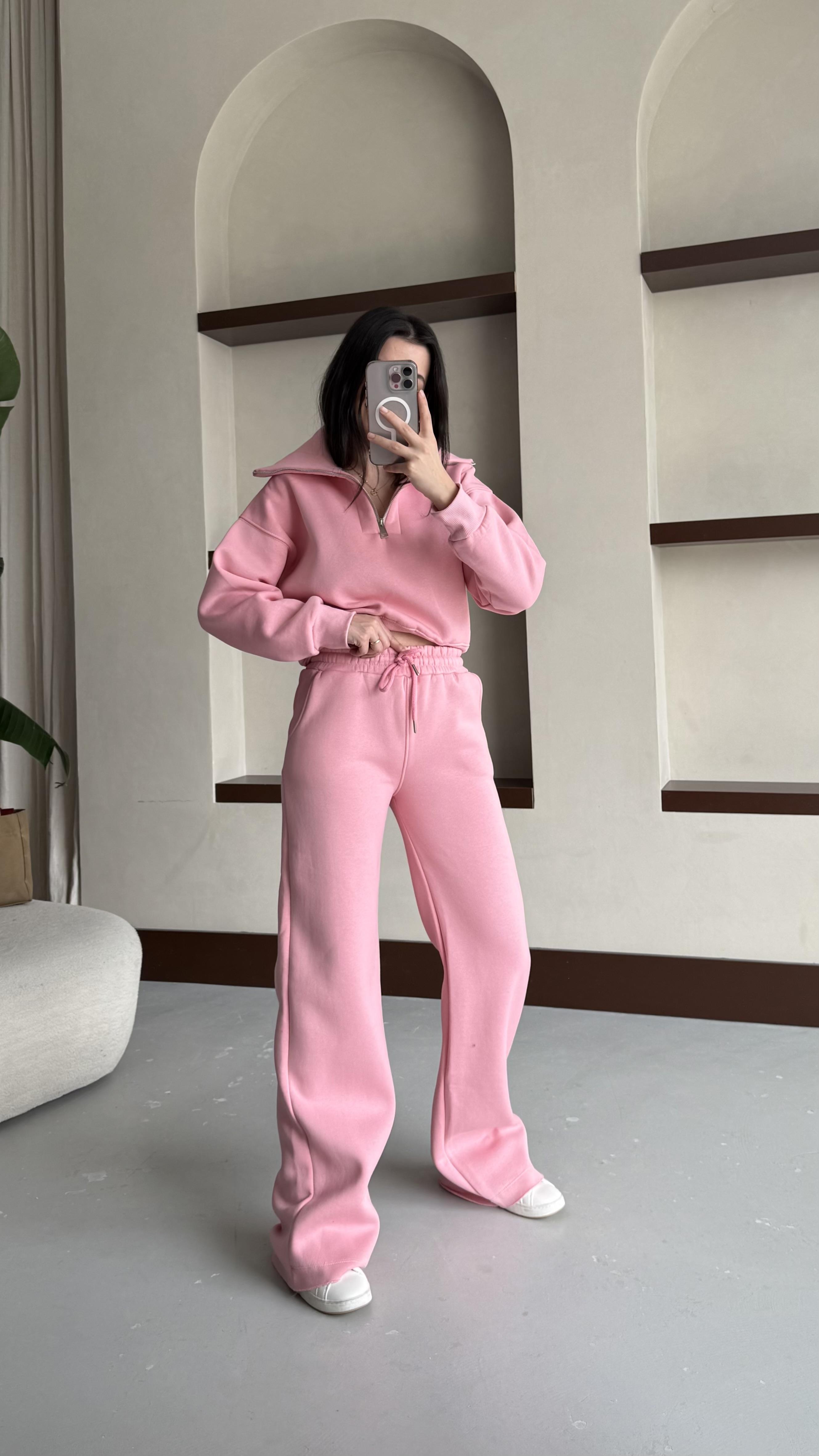 Pembe Pamuklu Fermuarlı Sweatshirt ve Pantolon Takım