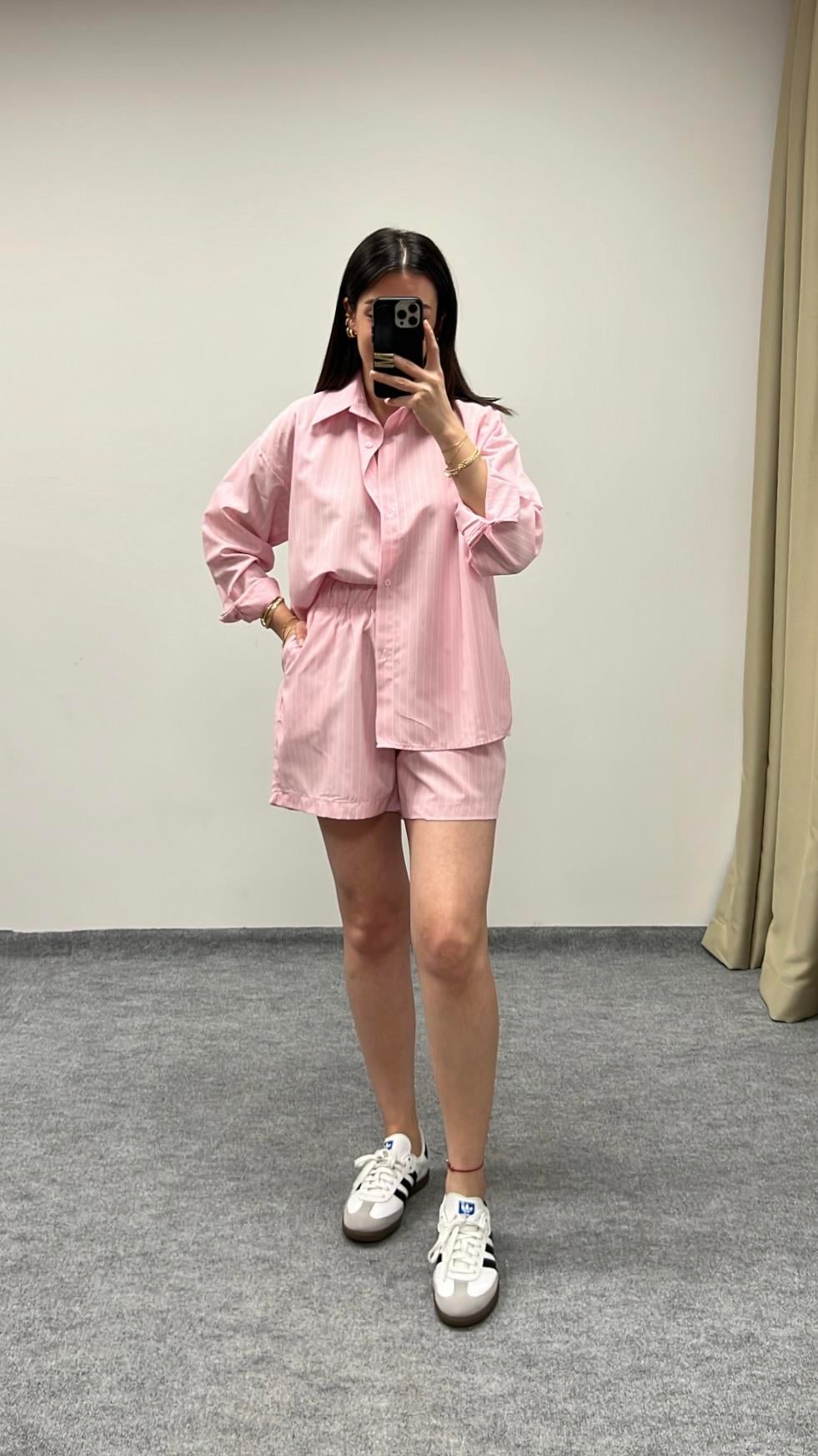 Pembe Pijama Tipi Gömlek Şort Takım