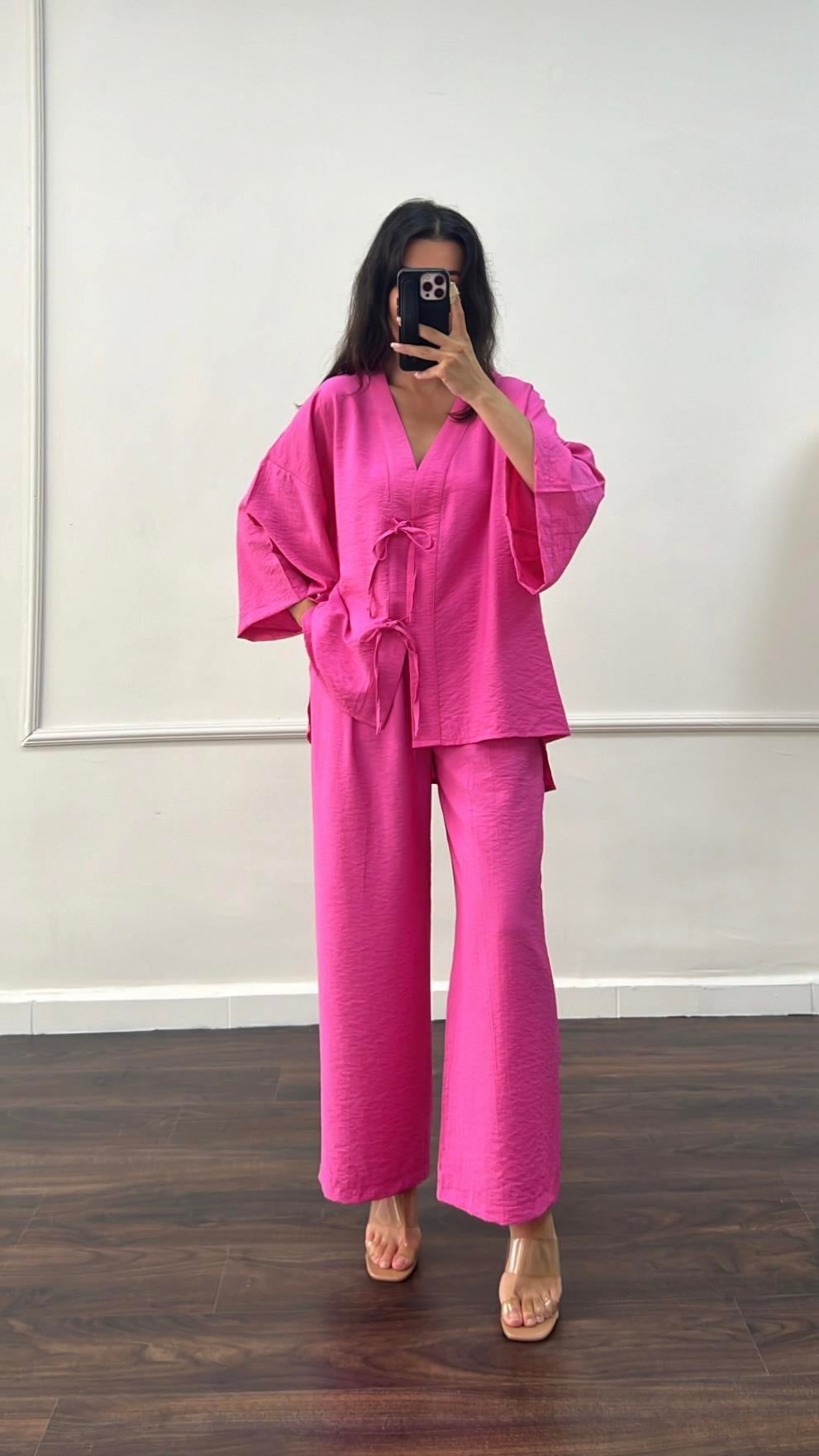Pembe Premium Bağlamalı Kimono Pantolon Takım